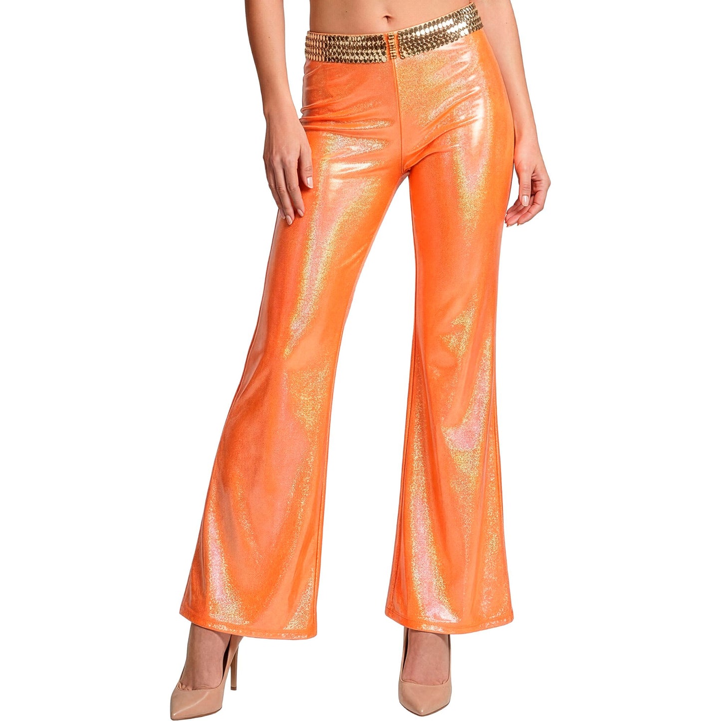 "HOSE IN HOLOGRAPHISCHEM STOFF IN ORANGE" – Vorderansicht