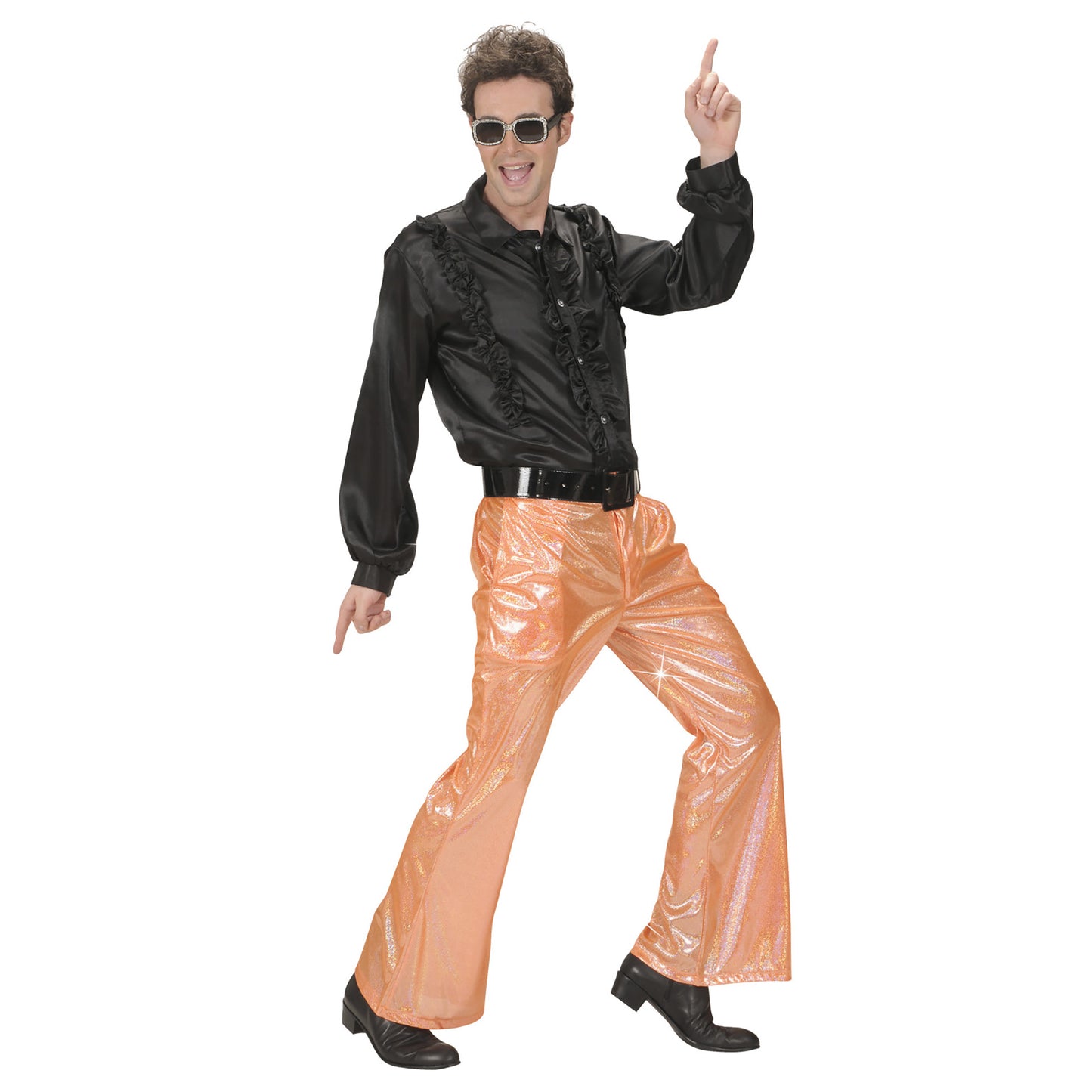 "HOSE IN HOLOGRAPHISCHEM STOFF IN ORANGE" – Detailansicht