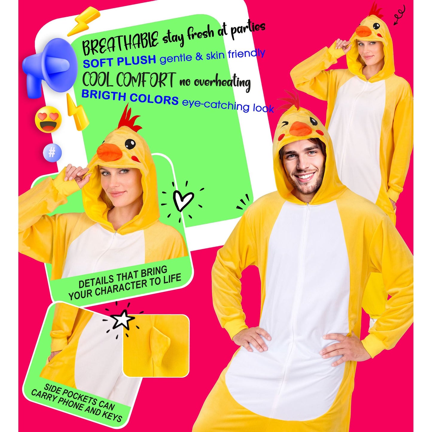 Widmann Huhn Plüschkostüm Overall Onesie mit Kapuze Gelb – Anwendungsansicht