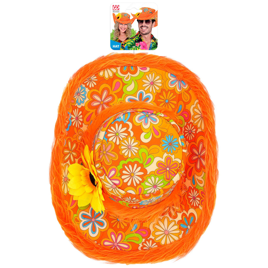 "HUT IBIZA MIT PLÜSCHRAND UND SONNENBLUME" orange – Detailansicht