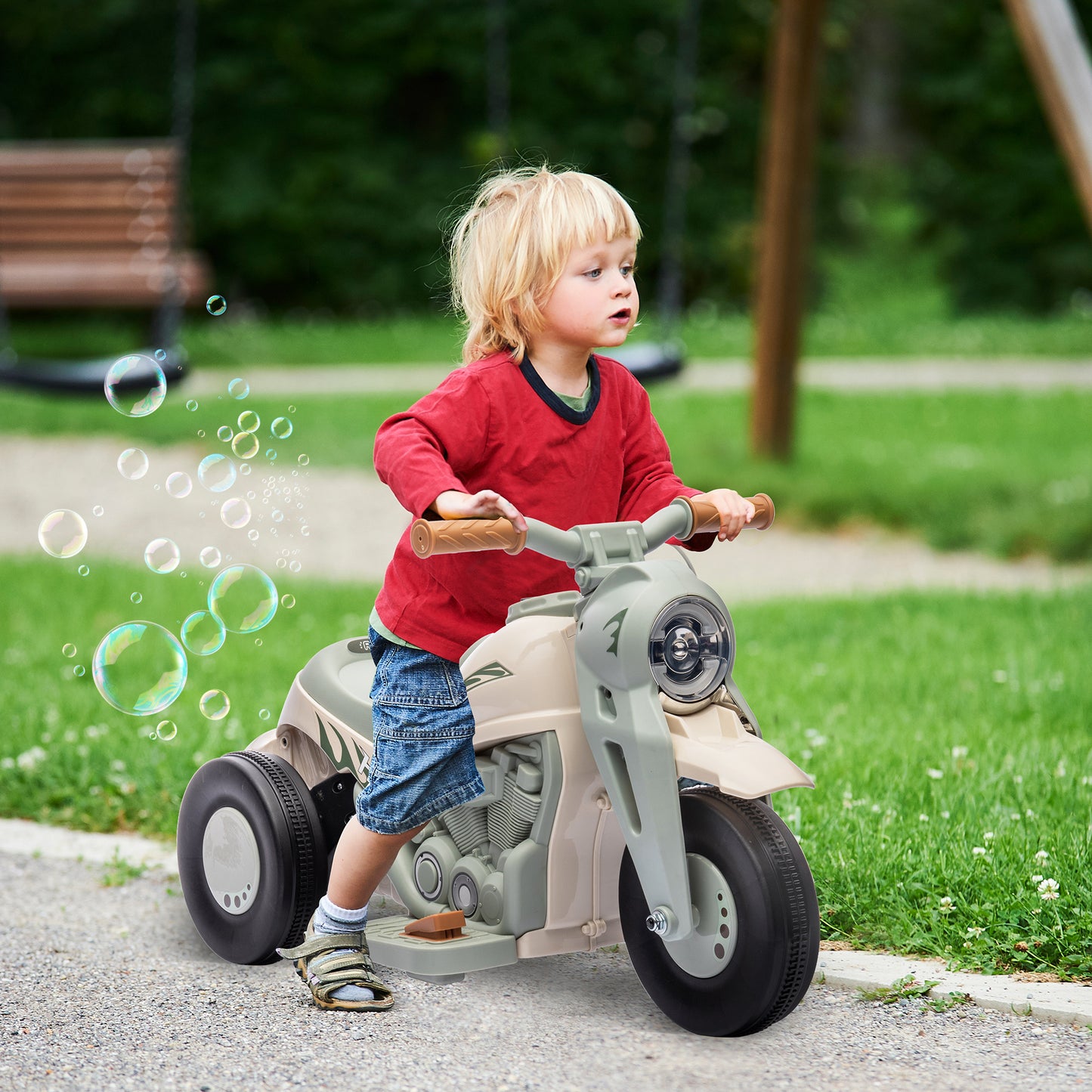 Cremeweißes Kinder-Elektro-Motorrad mit drei Rädern, Musik und Seifenblasenfunktion für 2-5 Jahre.