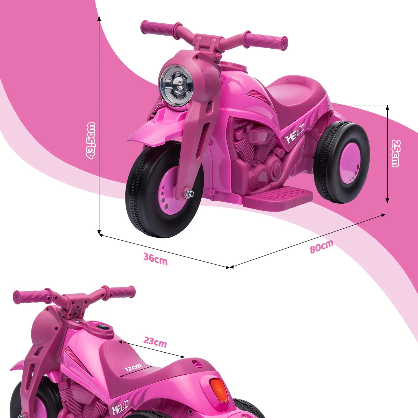 Pinkes Kinder-Elektro-Motorrad 6V mit Musik, Seifenblasen und Dreirad-Design für 2-5 Jahre.
