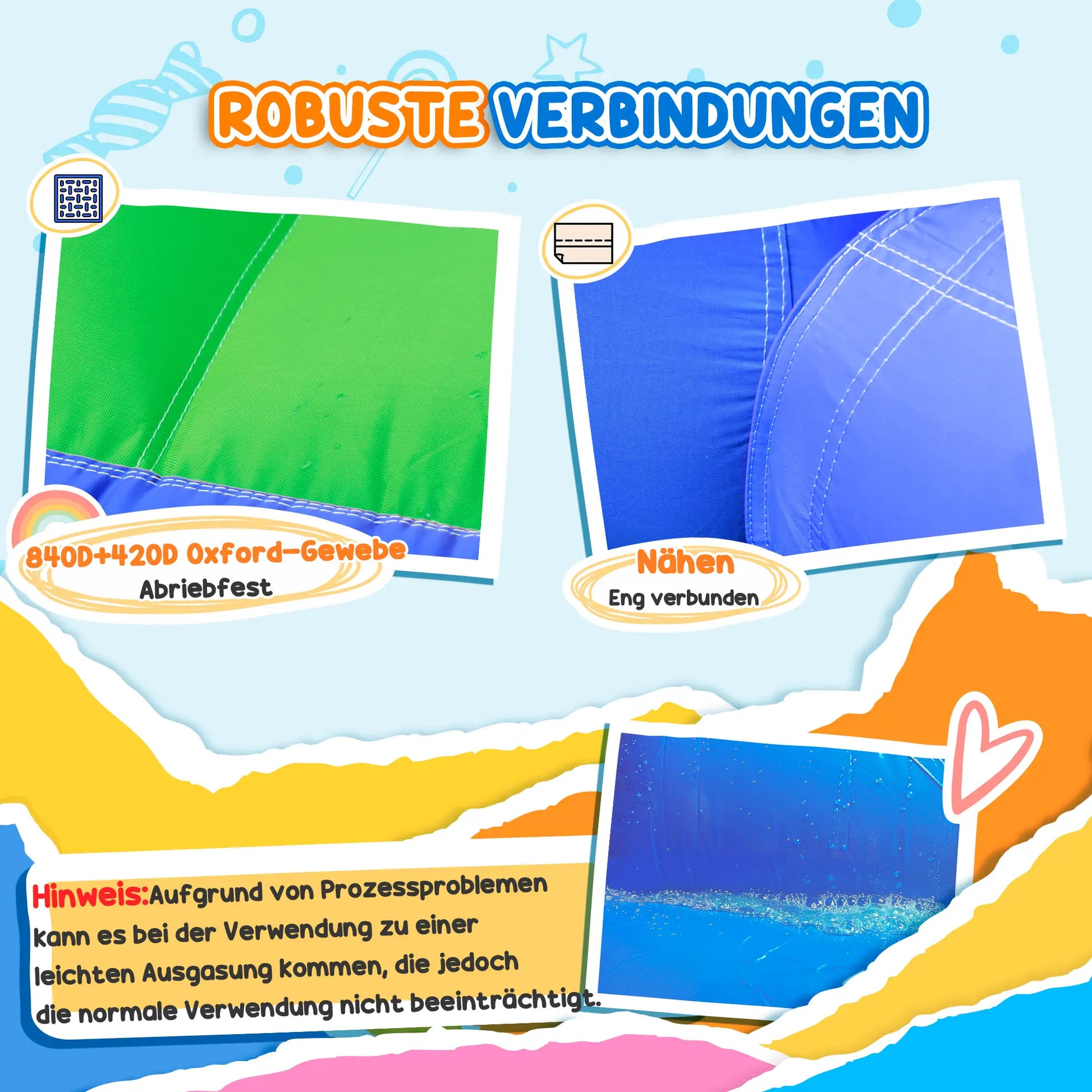 Bunte Hüpfburg mit Rutsche und Wasserbecken, ideal für Kinder im Garten.