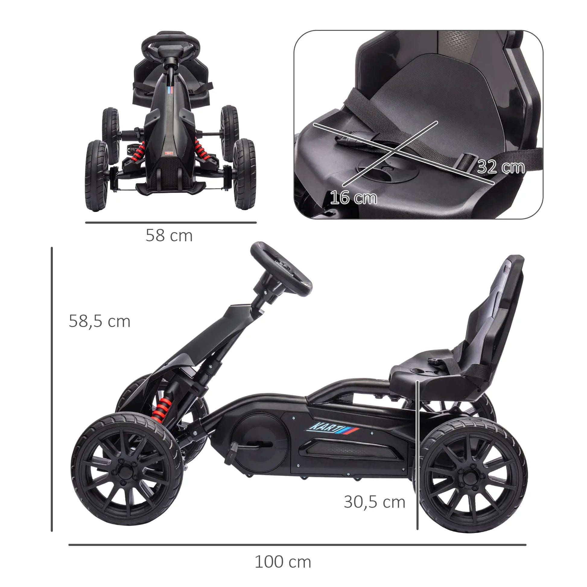 Schwarzes Go-Kart für Kinder mit verstellbarem Sitz und Handbremse, ideal für draußen.