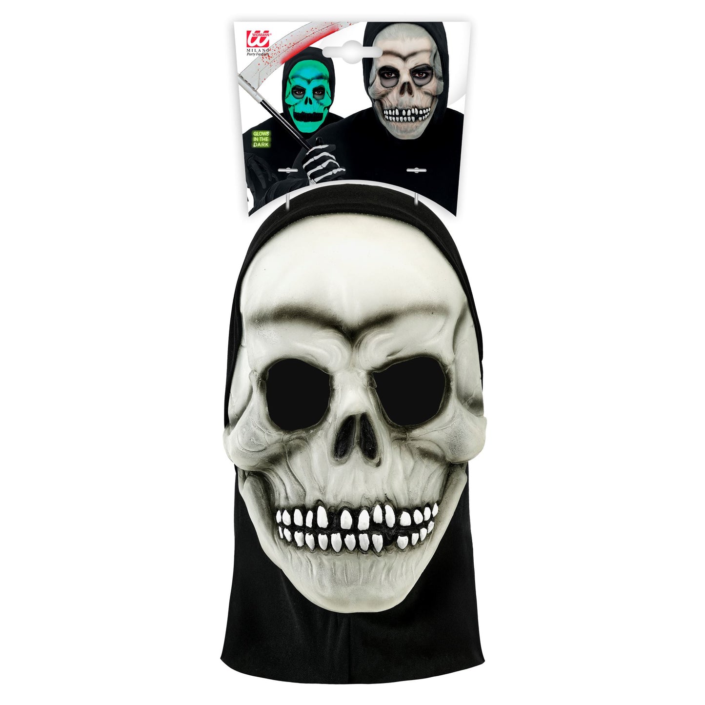 "IM DUNKELN LEUCHTENDE TOTENKOPFMASKE MIT KAPUZE AUS LATEX" – Detailansicht