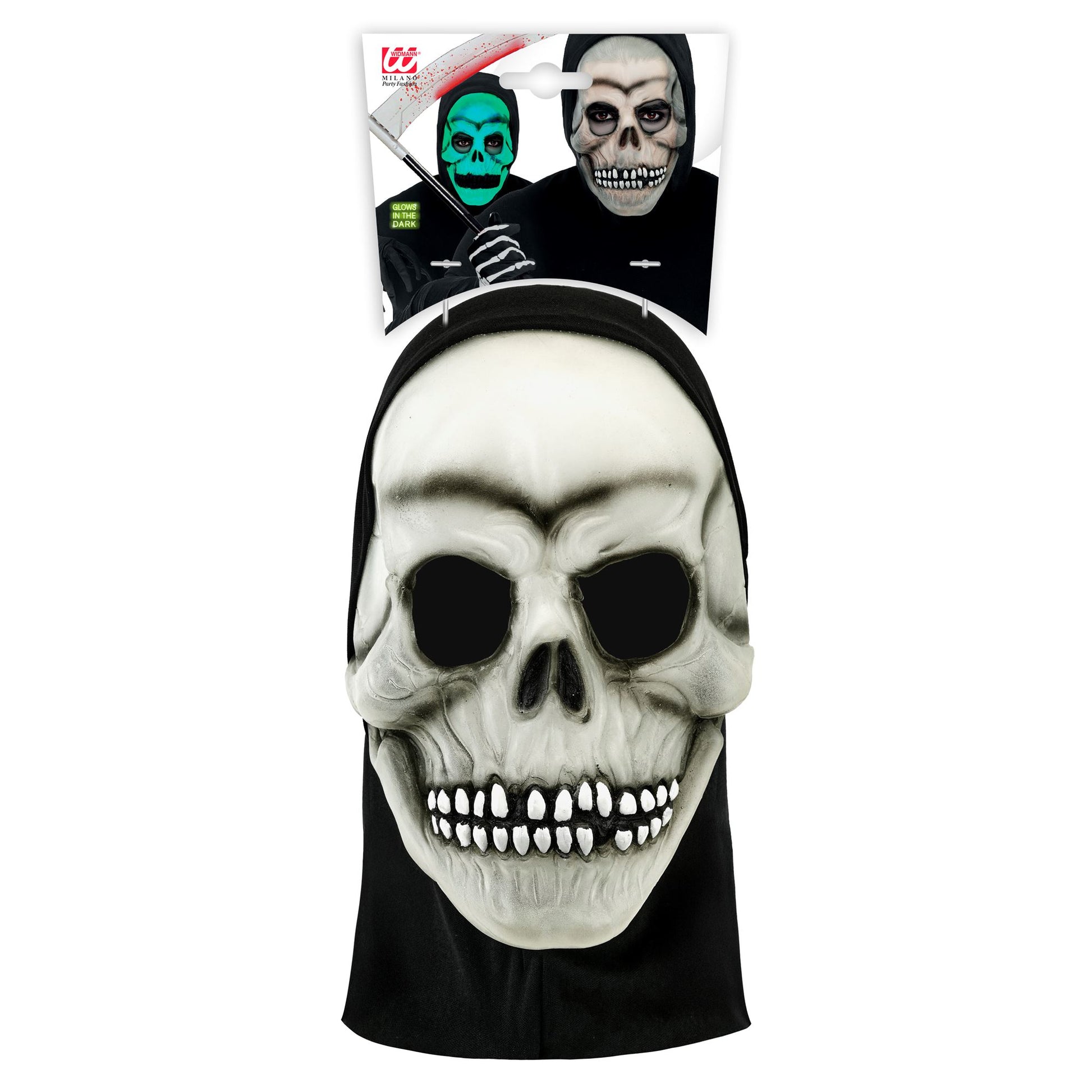 "IM DUNKELN LEUCHTENDE TOTENKOPFMASKE MIT KAPUZE AUS LATEX" – Detailansicht