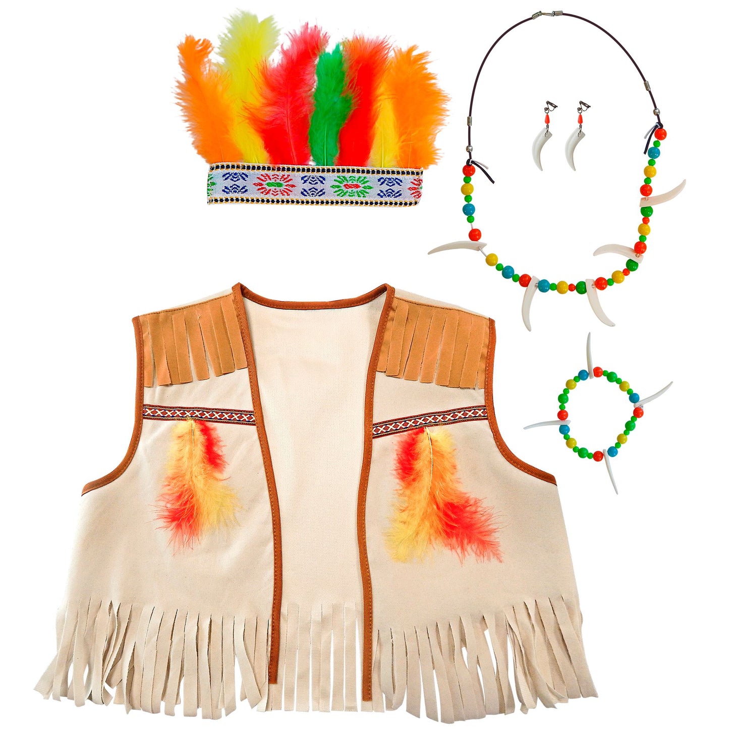 "INDIANER" Verkleidungsset (Weste, Stirnband mit Federn, Ohrring, Armband) – Vorderansicht