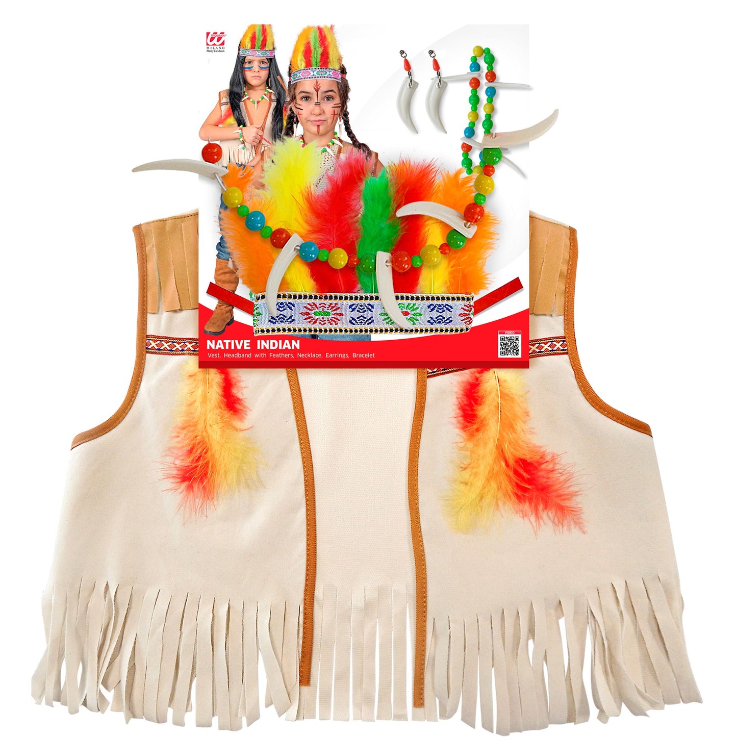 "INDIANER" Verkleidungsset (Weste, Stirnband mit Federn, Ohrring, Armband) – Detailansicht