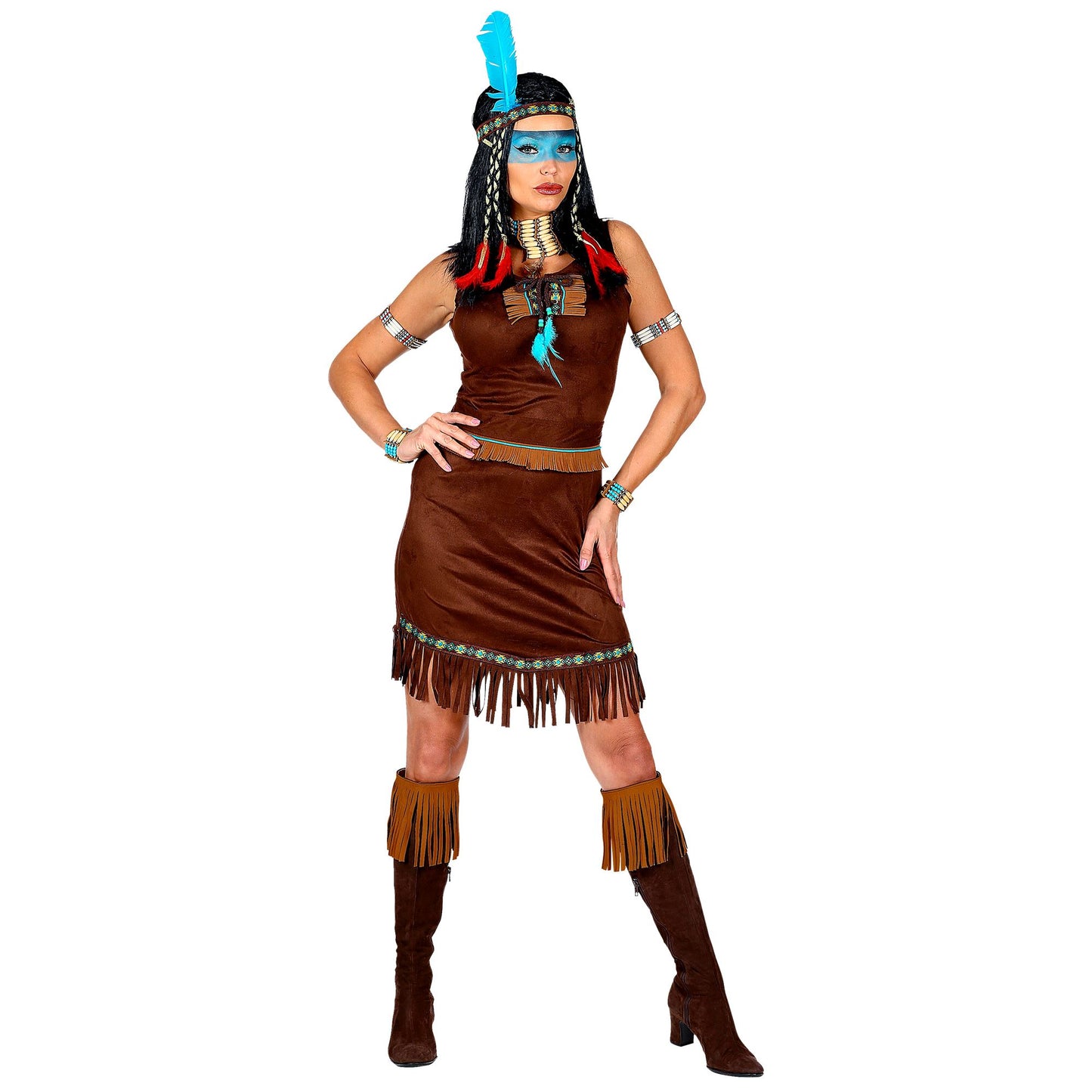 "INDIANERIN" (Kleid, Gürtel, Stirnband mit Feder) – Vorderansicht