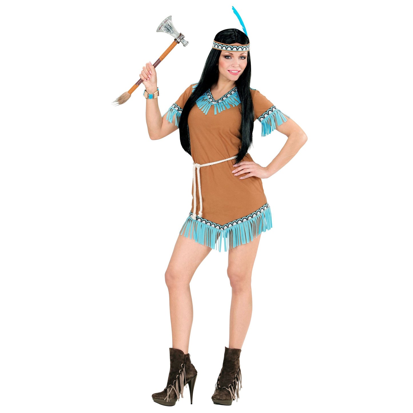 "INDIANERIN" (Kleid, Gürtel, Stirnband mit Feder) – Vorderansicht