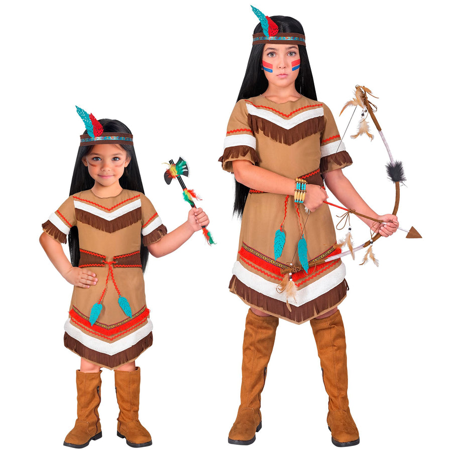 "INDIANERIN" (Kleid mit Gürtel, Stirnband mit Federn) – Vorderansicht