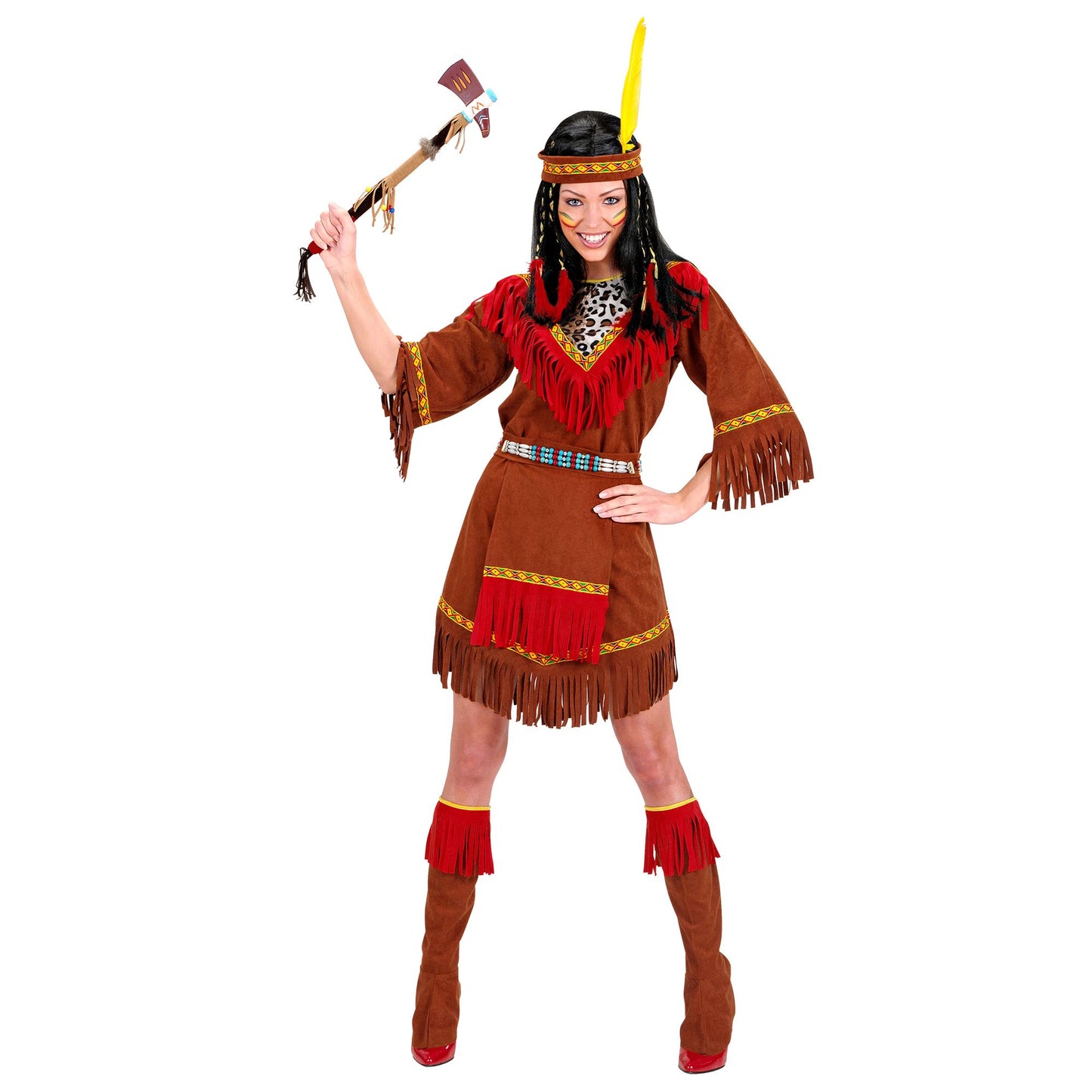 "INDIANERIN" (Kleid, Schürze, Stiefelüberzieher, Stirnband mit Feder) – Vorderansicht