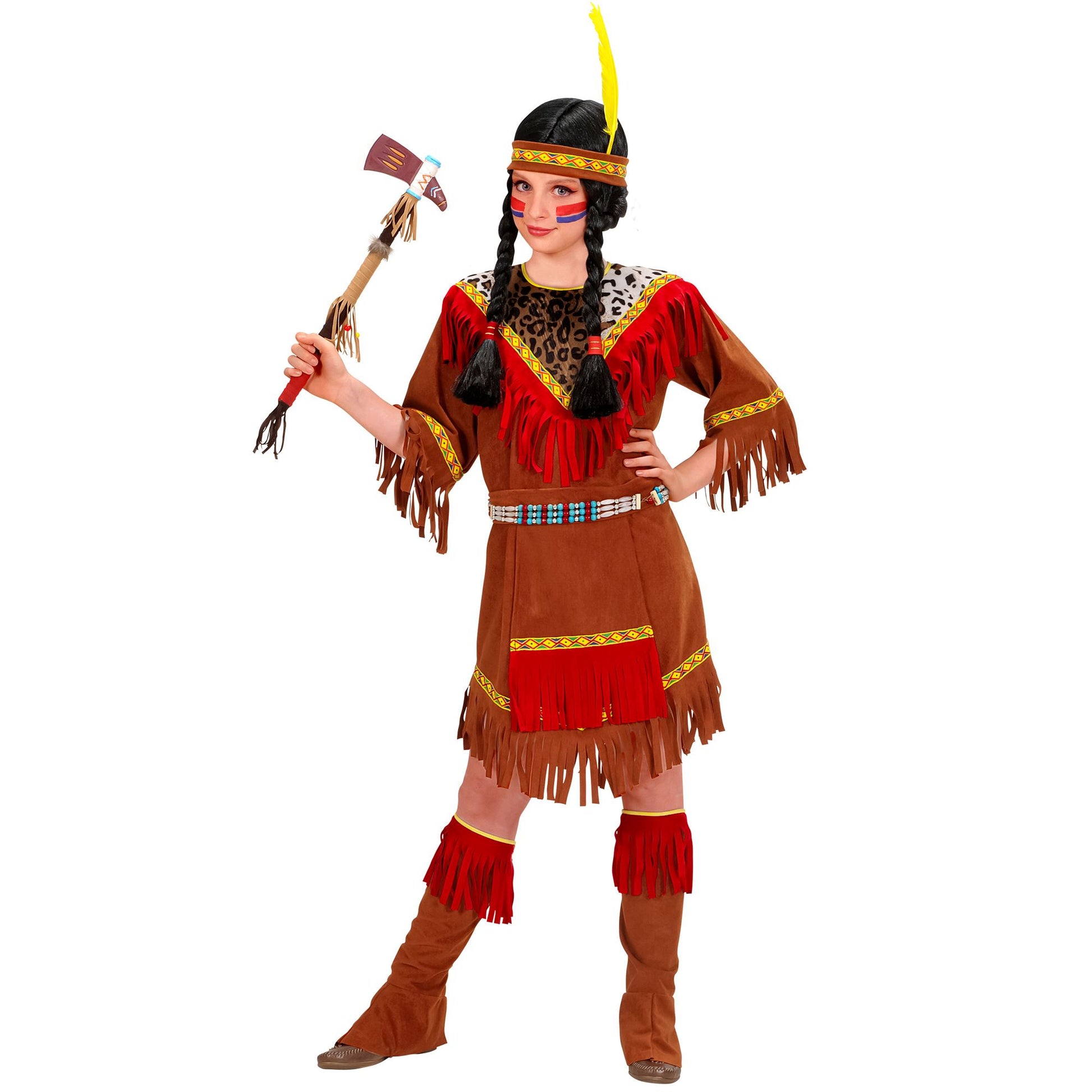"INDIANERIN" (Kleid, Schürze, Überstiefel, Stirnband mit Feder) – Vorderansicht
