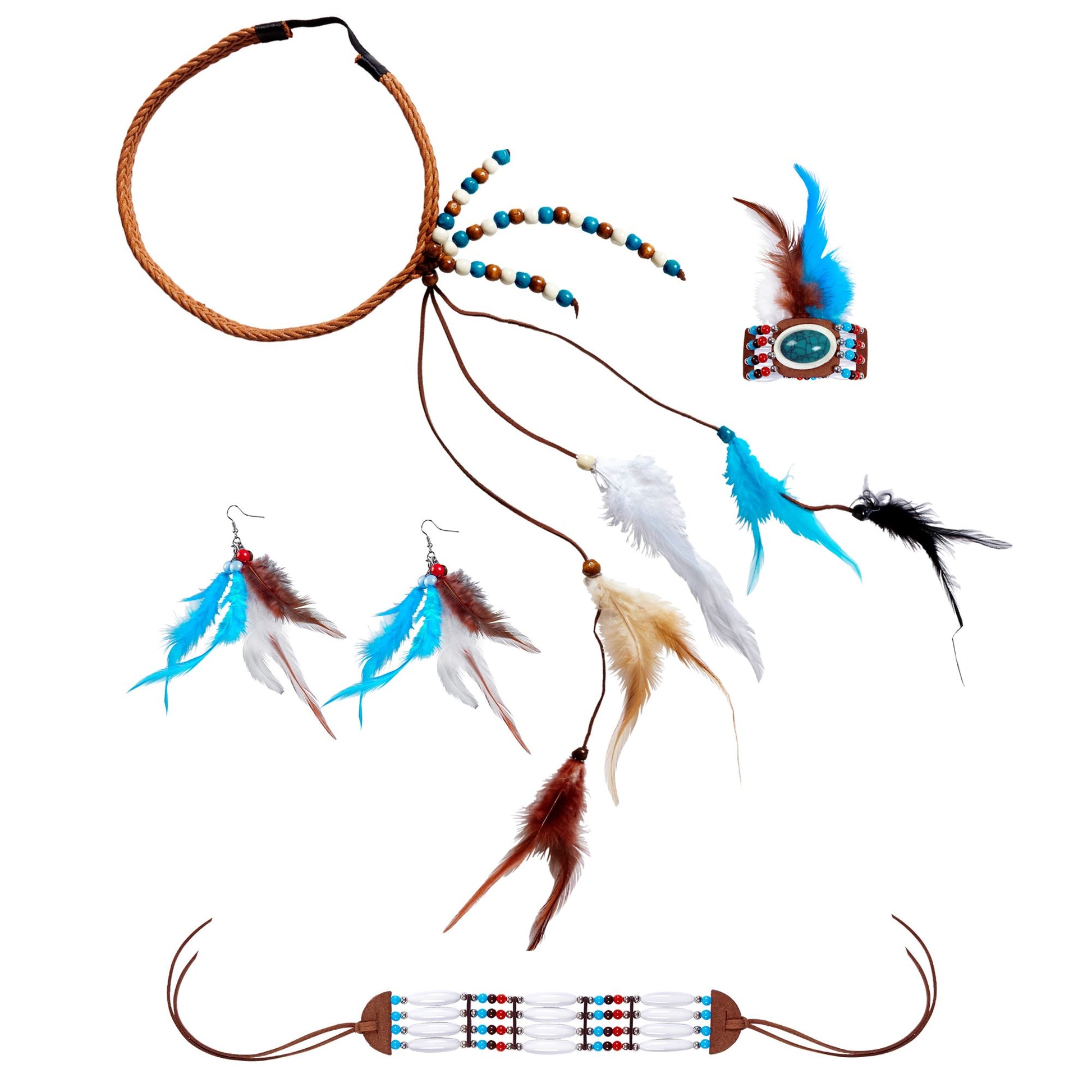 "INDIANERSET" (Stirnband mit Federn, Ohrringe, Halsband, Armband) – Vorderansicht