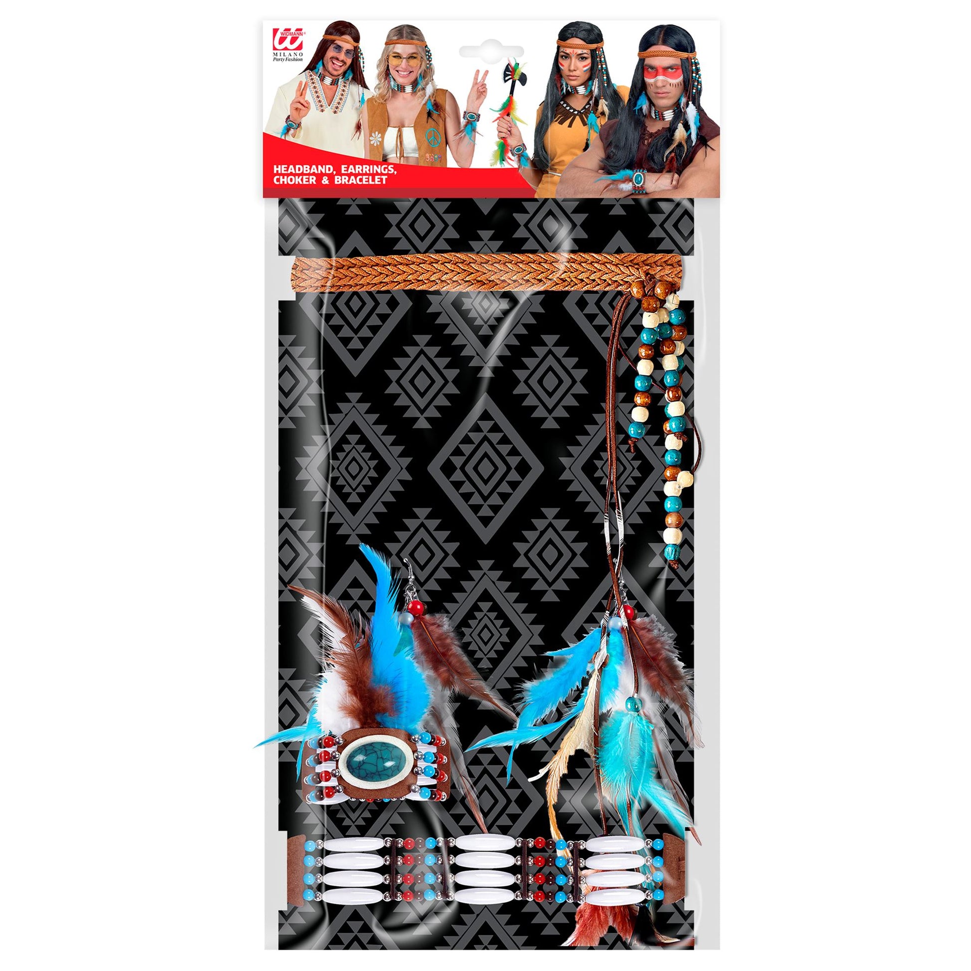 "INDIANERSET" (Stirnband mit Federn, Ohrringe, Halsband, Armband) – Detailansicht