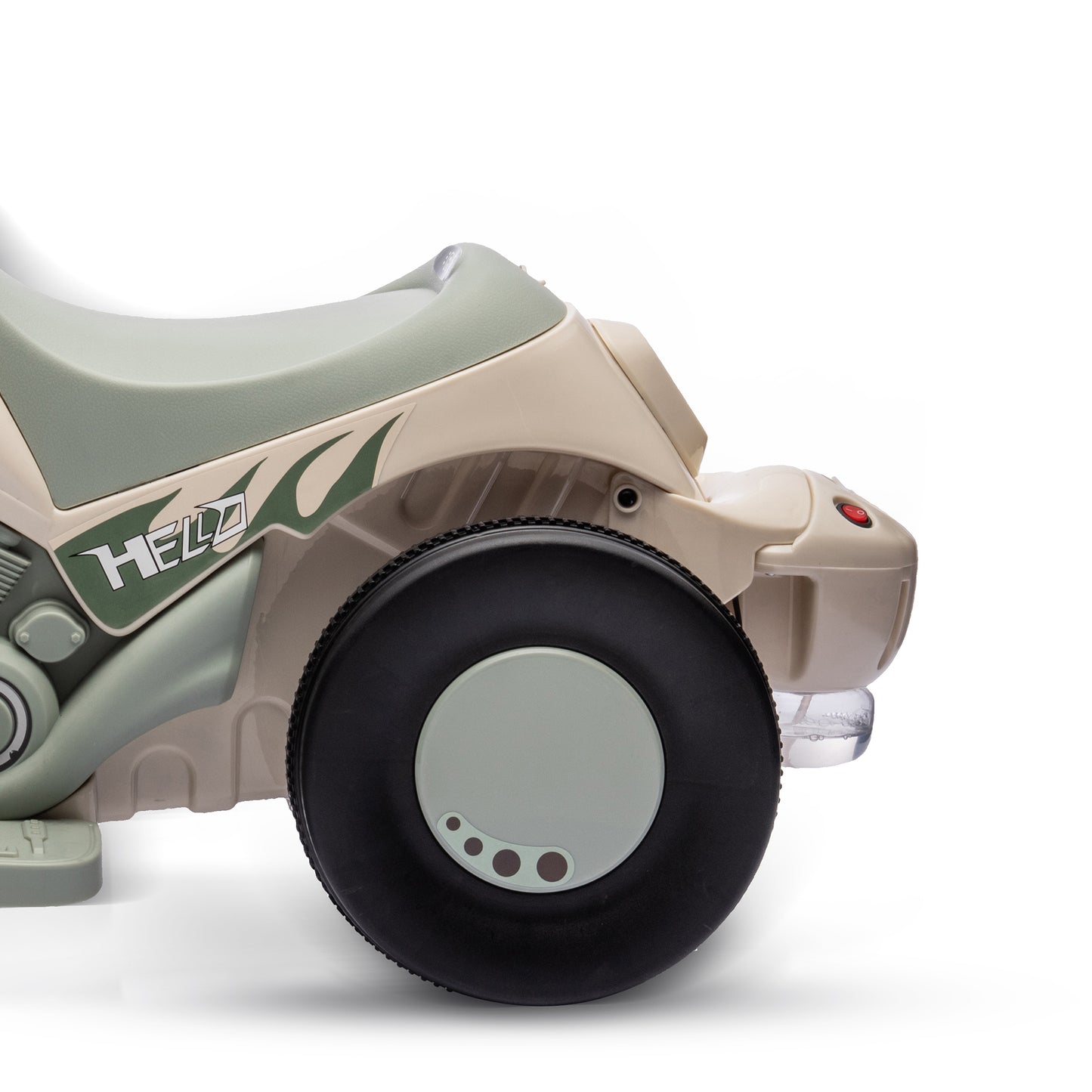 Cremeweißes Kinder Elektro-Motorrad mit Musik und Seifenblasen für 2-5 Jahre alte Kinder.