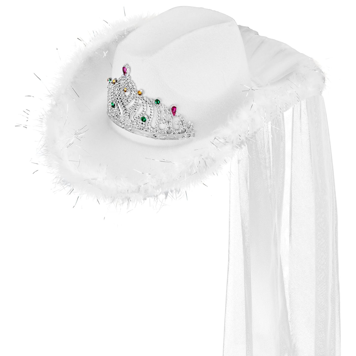 "JUNGGESELLINENABSCHIED HUT MIT TIARA, MARABOU & SCHLEIER" – Vorderansicht