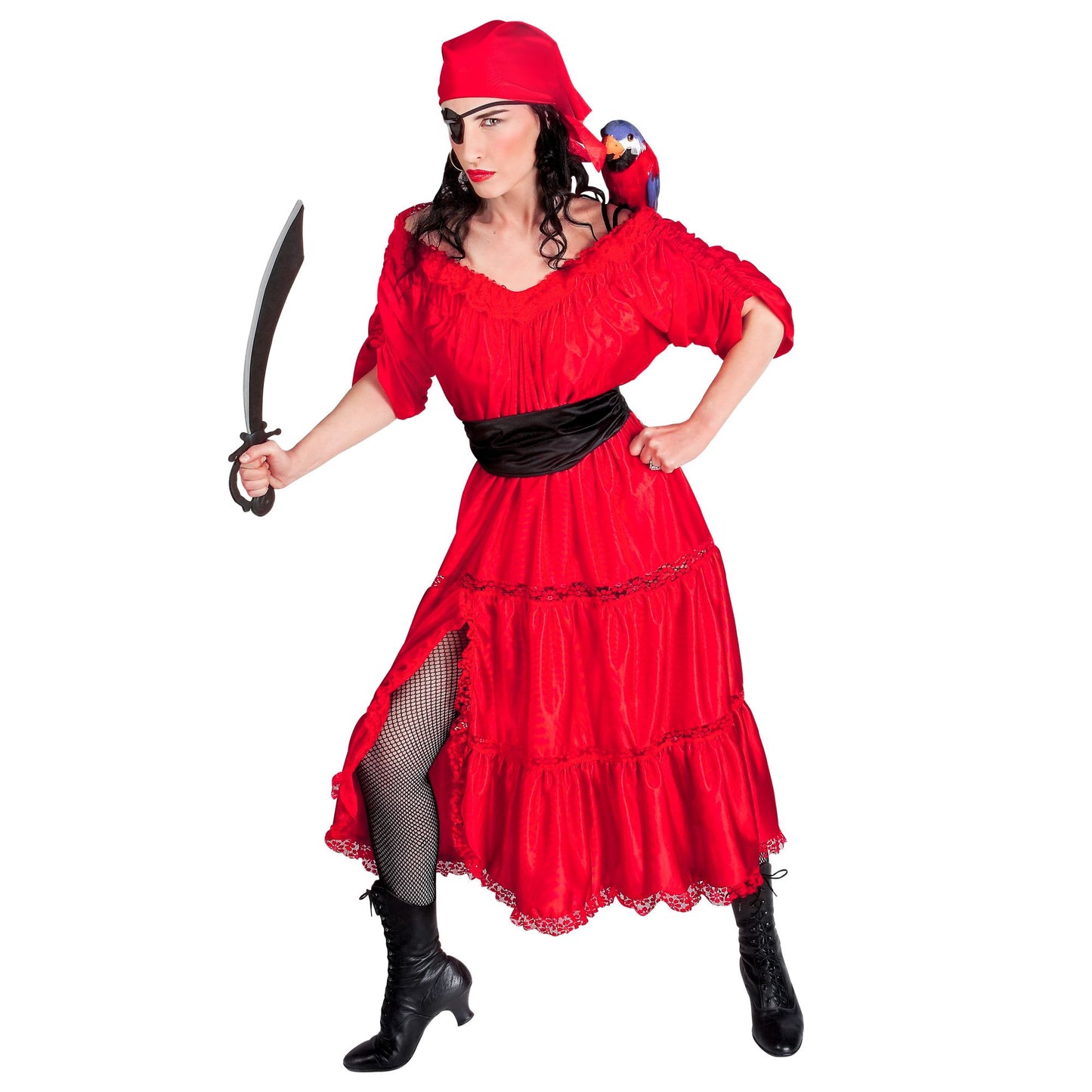 "KARAIBIK PIRATENFRAU" (Kleid, Gürtel, Bandana, Augenklappe) – Vorderansicht