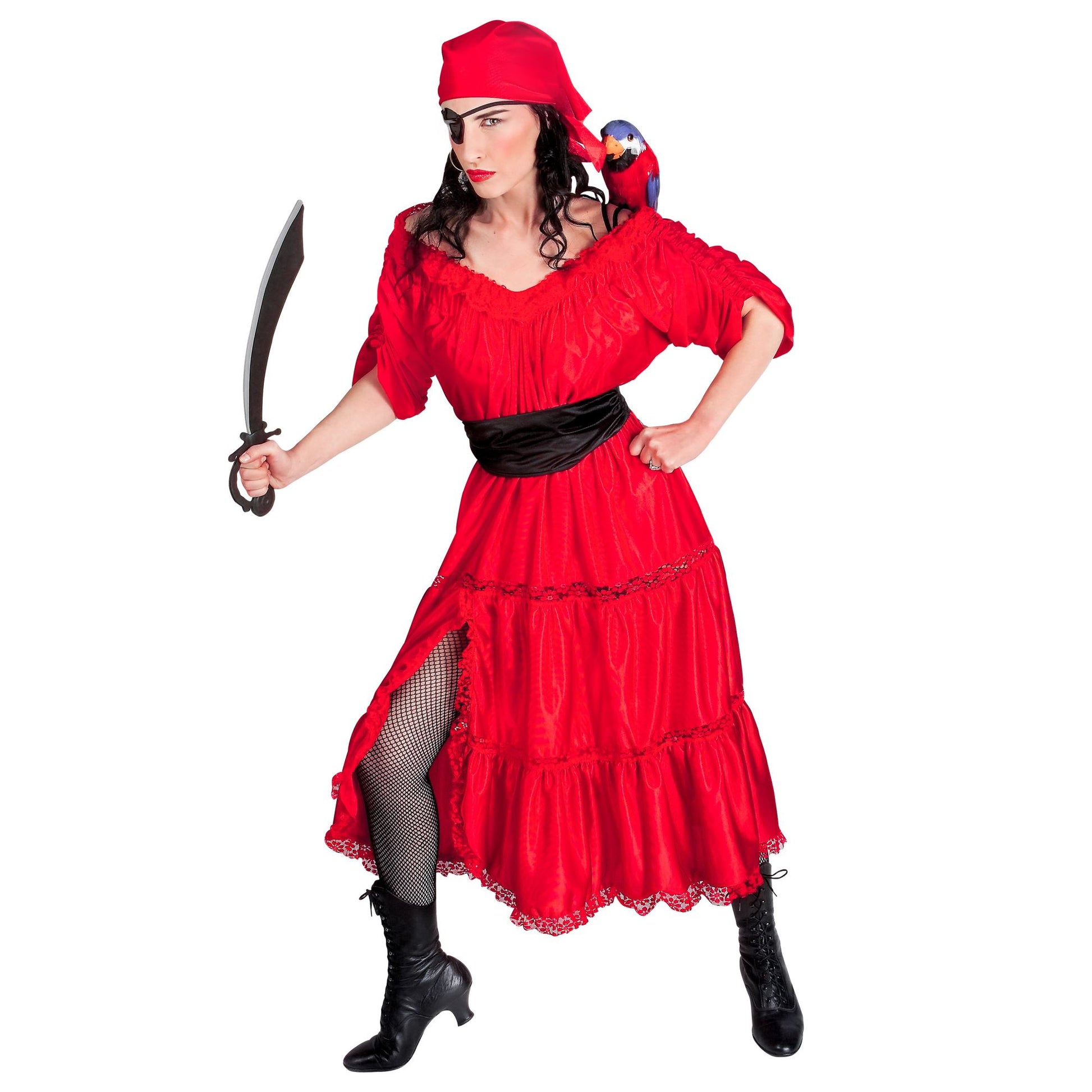 "KARAIBIK PIRATENFRAU" (Kleid, Gürtel, Bandana, Augenklappe) – Vorderansicht