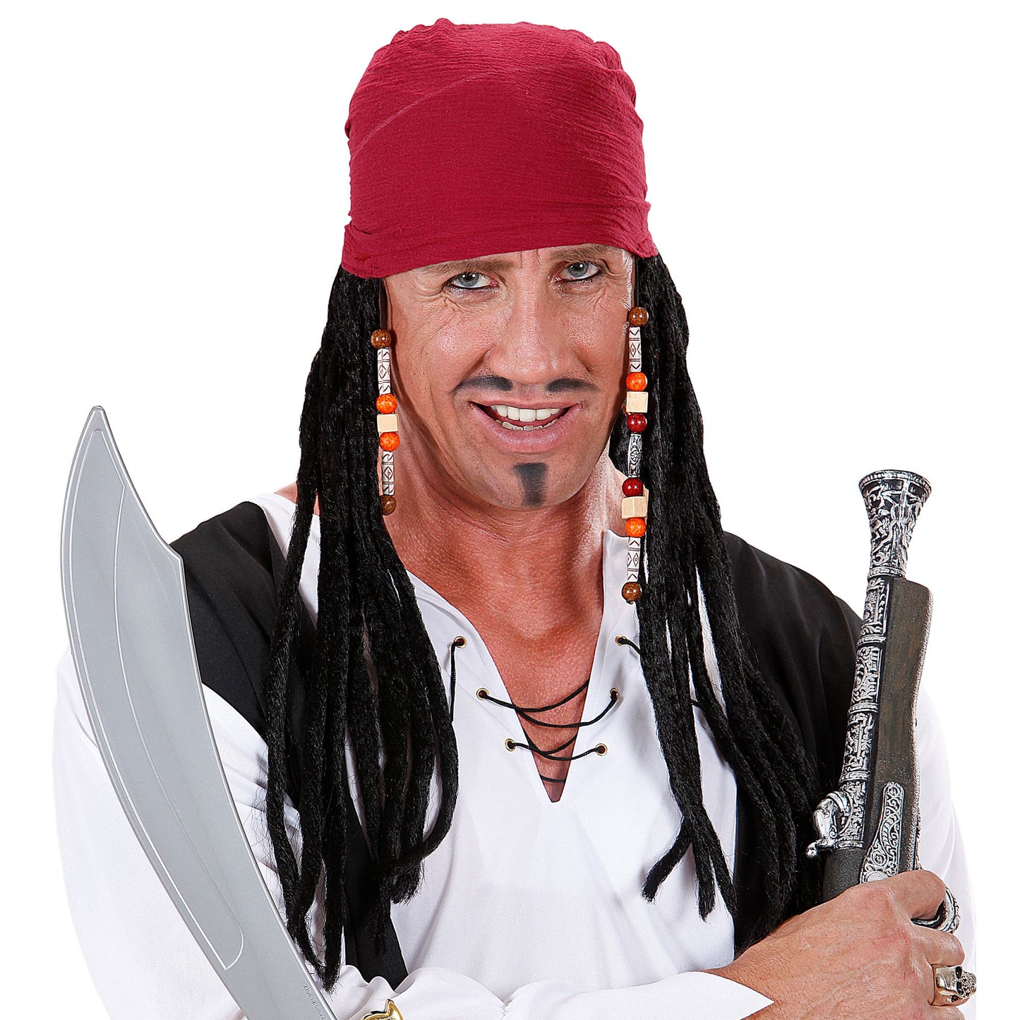 "KARIBISCHE PIRATENBANDANA MIT DREADLOCKS" in Box – Vorderansicht
