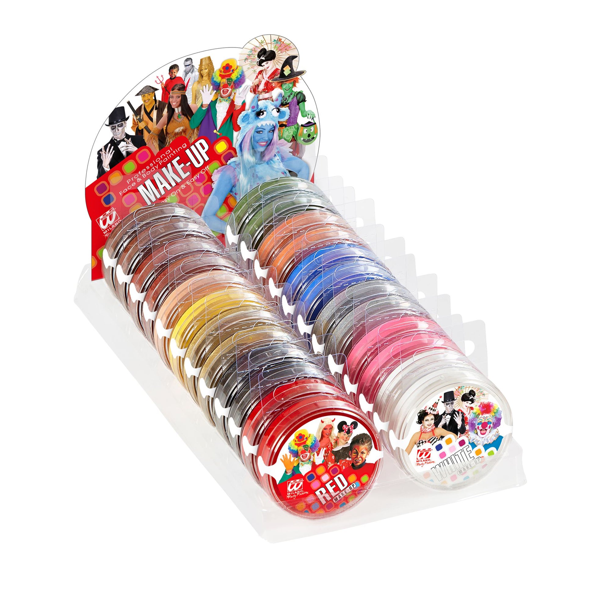 "KARNEVAL-MAKEUP IN SCHALE" 25g - Display Box aus 24 (6 weiß, 6 schwarz, 2 rot, 2 silber, 2 gold, 2 blau, 2 gelb, 2 grün) – Vorderansicht