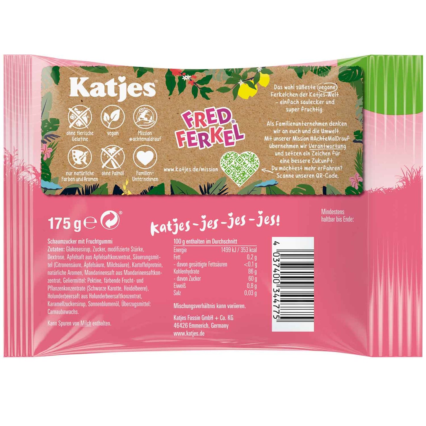 Katjes Fred Ferkel 175g - Fruchtgummi Schaumzucker – Seitenansicht