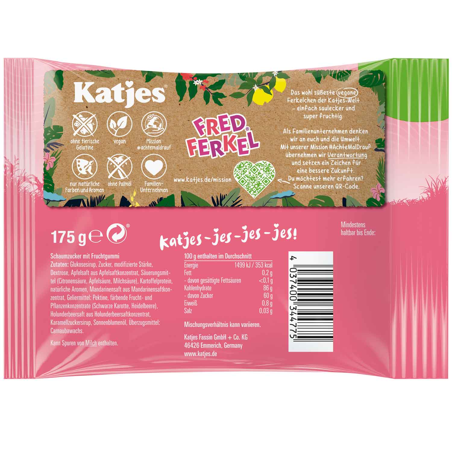 Katjes Fred Ferkel 175g - Fruchtgummi Schaumzucker – Seitenansicht