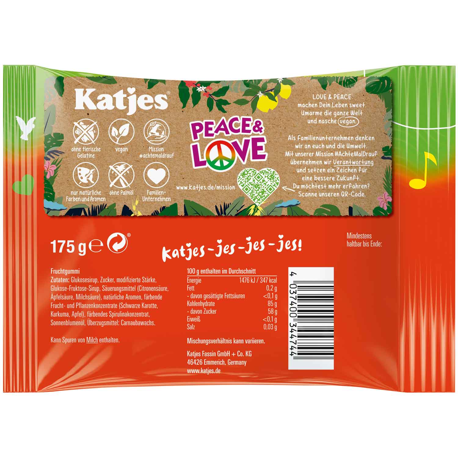 Katjes Peace & Love 175g veganes Fruchtgummi – Seitenansicht