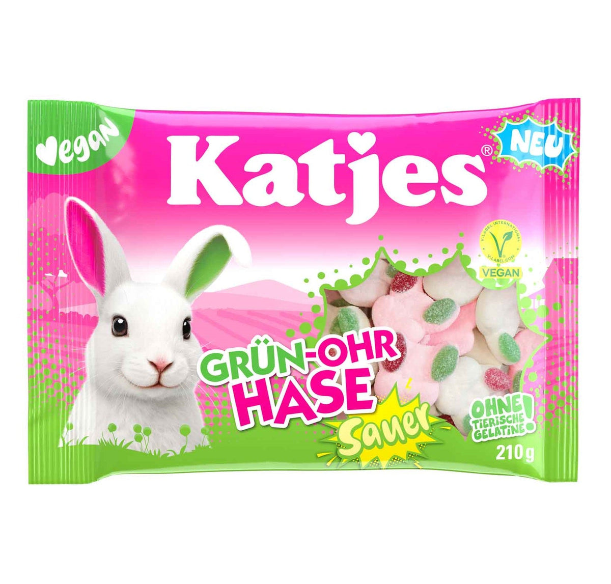 Katjes Grün-Ohr Hase Sauer 210 g veganes saures Schaumgummi mit Fruchtgummi
