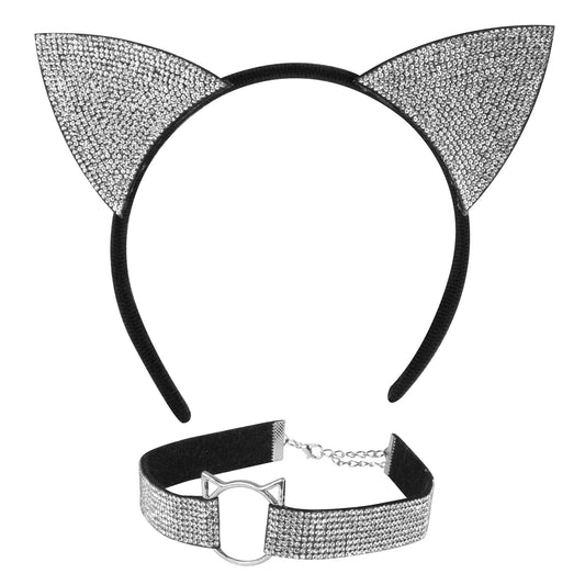"KATZE" (Ohren, Halsband) in Samt & Strass – Vorderansicht