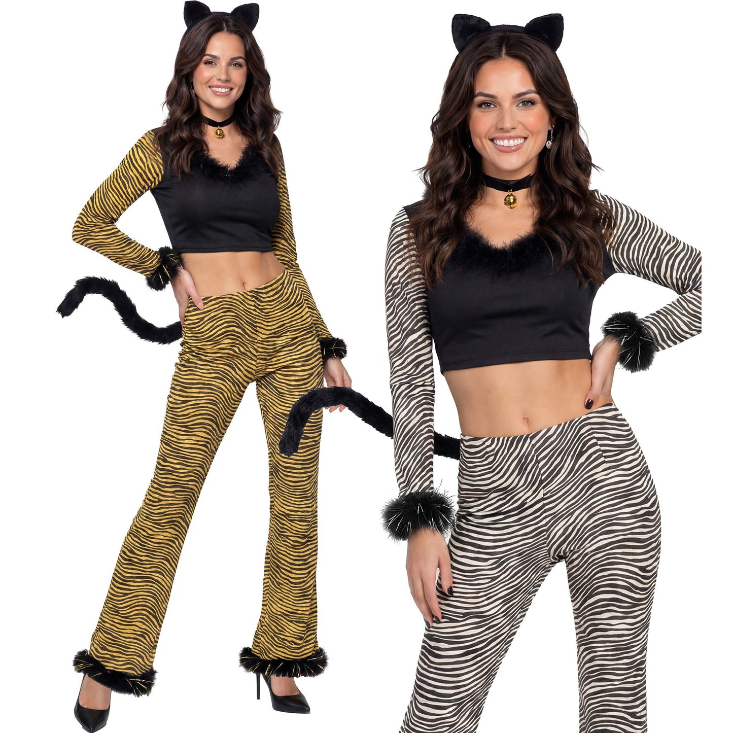 "KATZE" sort. in 2 Farben (Top, Hose mit Schwanz, Ohren, Halsband mit Glöckchen) – Vorderansicht