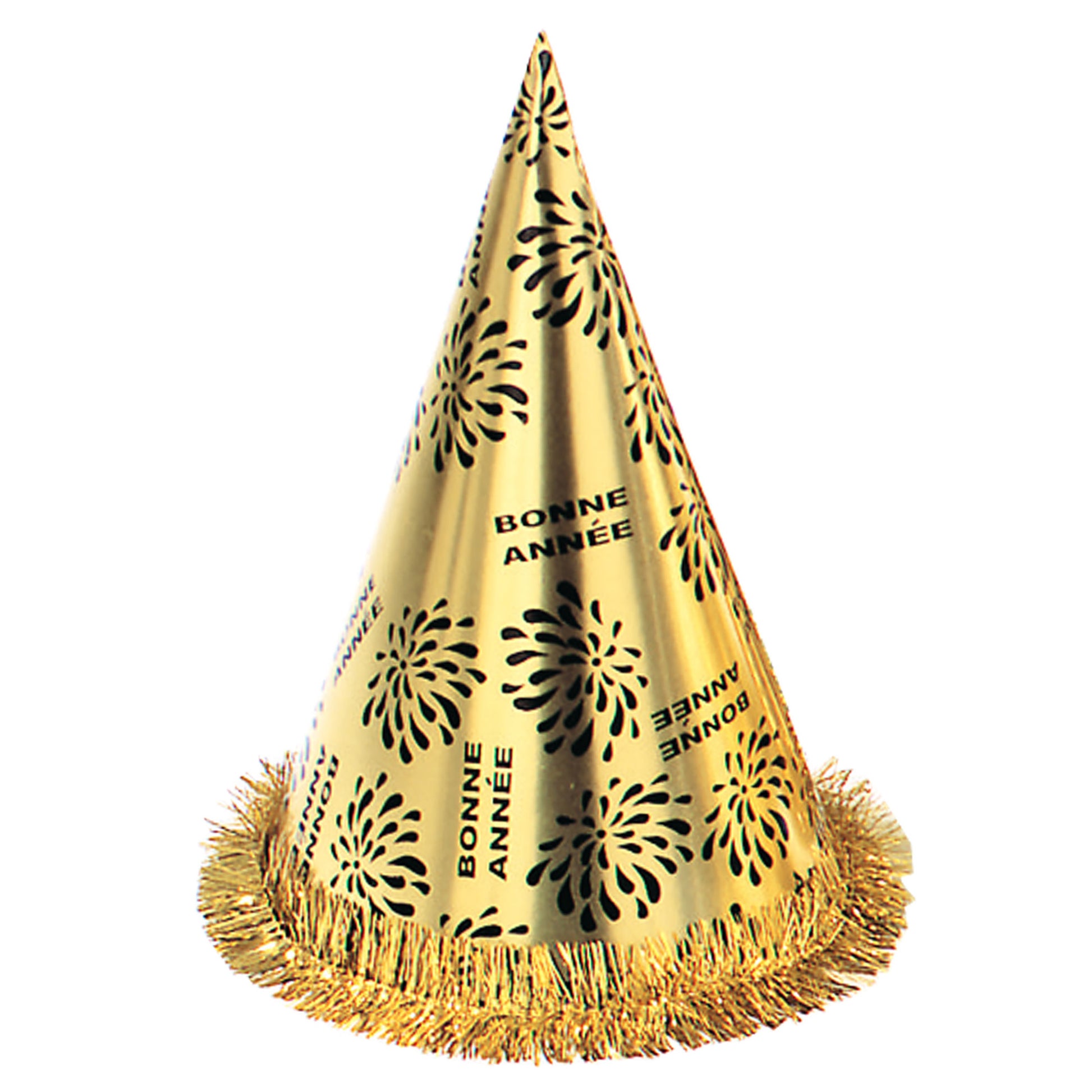 "KEGELHUT BONNE ANNÉE GOLD MIT FRANSEN" 28 cm – Vorderansicht
