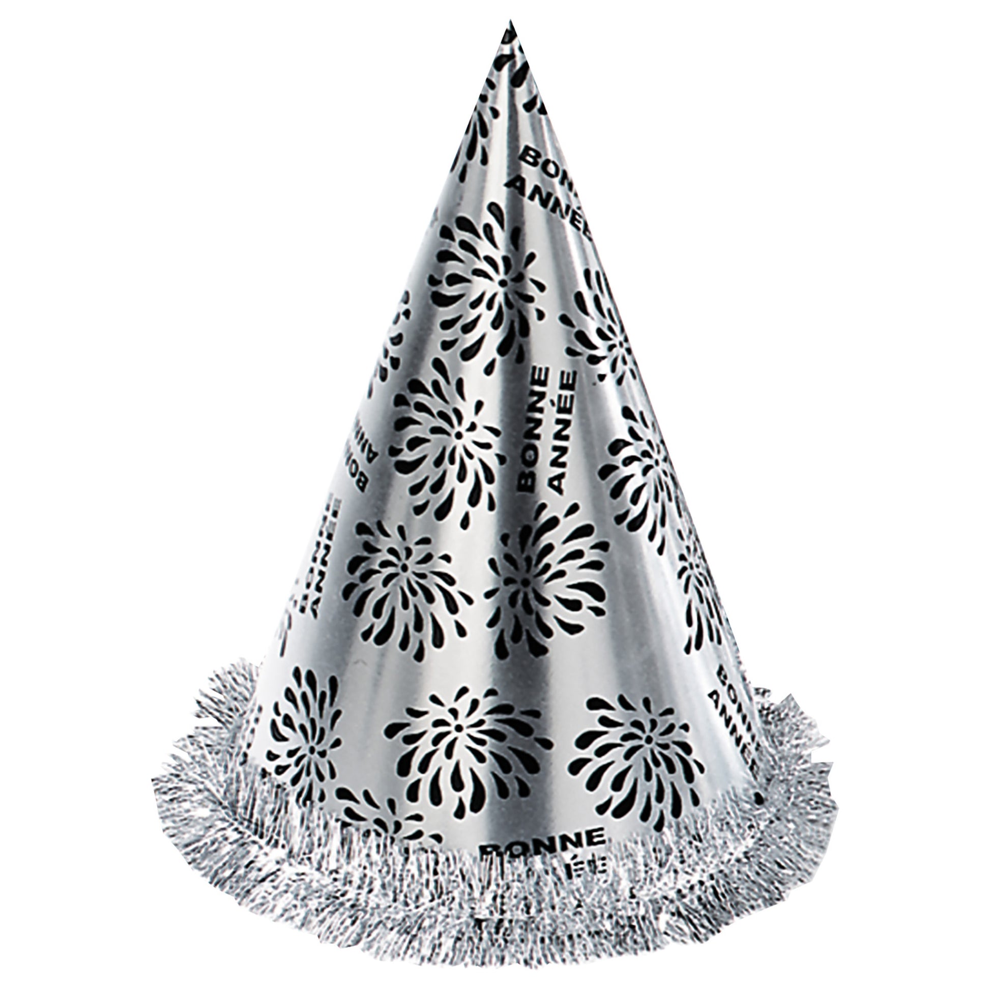 "KEGELHUT BONNE ANNÉE SILBER MIT FRANSEN" 28 cm – Vorderansicht