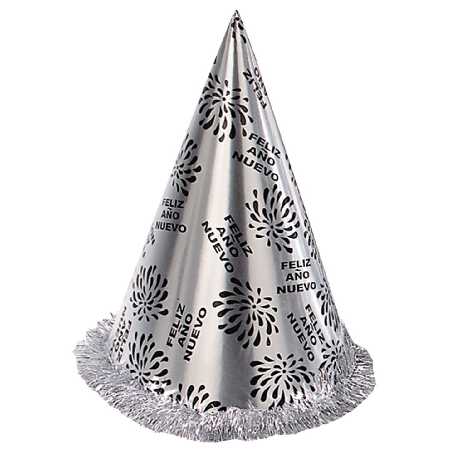"KEGELHUT FELIZ AÑO NUEVO SILBER MIT FRANSEN" 28 cm – Vorderansicht