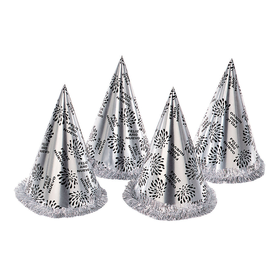 "KEGELHUT FELIZ AÑO NUEVO SILBER MIT FRANSEN" 28 cm – Detailansicht