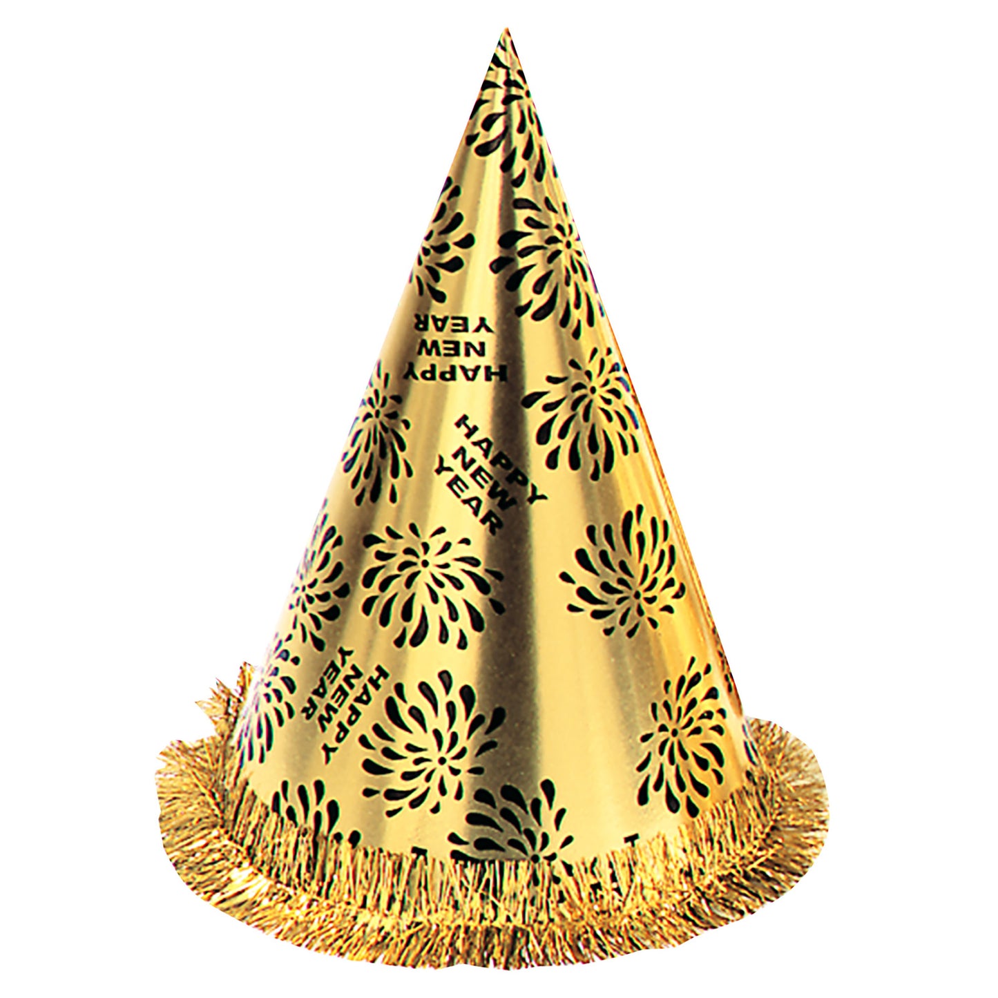 "KEGELHUT HAPPY NEW YEAR GOLD MIT FRANSEN" 28 cm – Vorderansicht