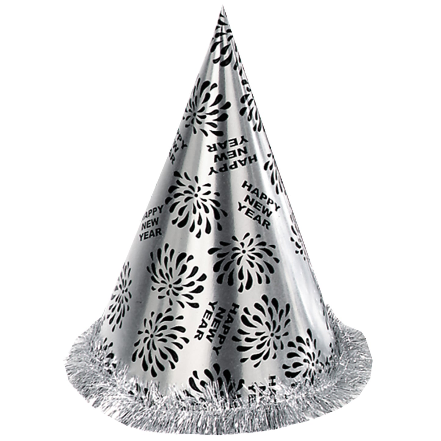 "KEGELHUT HAPPY NEW YEAR SILBER MIT FRANSEN" 28 cm – Vorderansicht