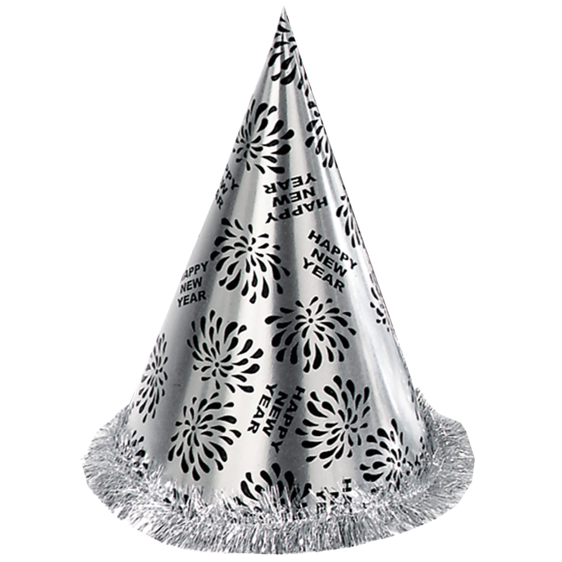 "KEGELHUT HAPPY NEW YEAR SILBER MIT FRANSEN" 28 cm – Vorderansicht