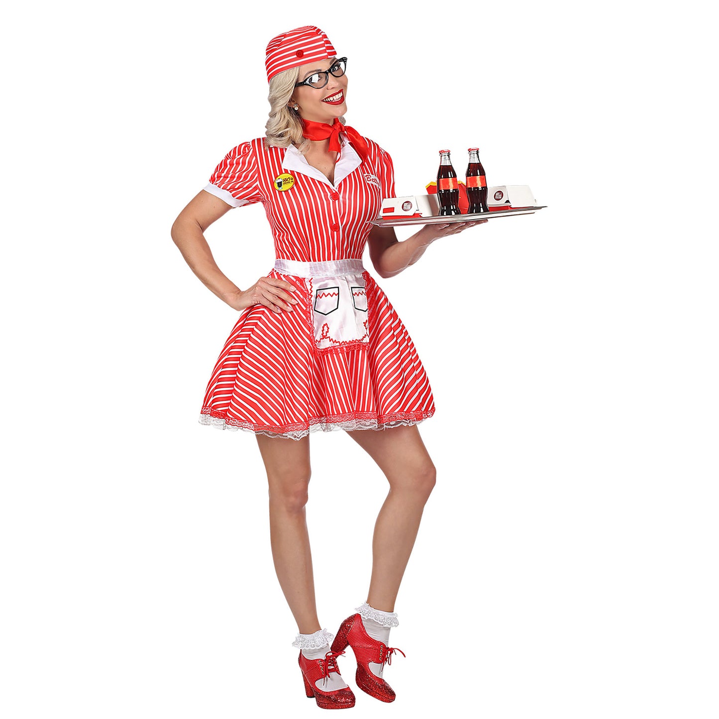 "KELLNERIN 50er JAHRE" (Kleid mit Petticoat, Schürze, Pin, Halstuch, Haube) – Vorderansicht