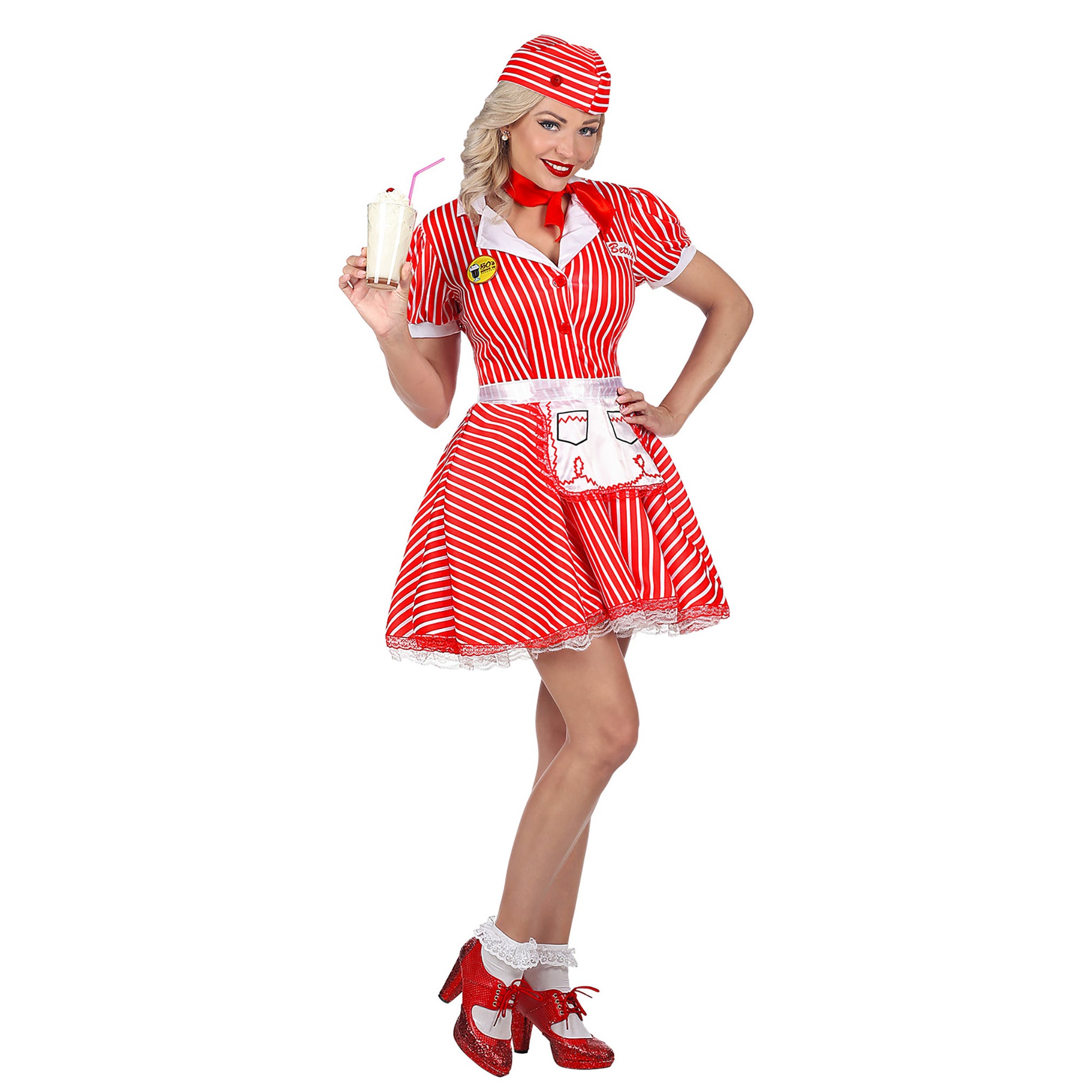 "KELLNERIN 50er JAHRE" (Kleid mit Petticoat, Schürze, Pin, Halstuch, Haube) – Detailansicht