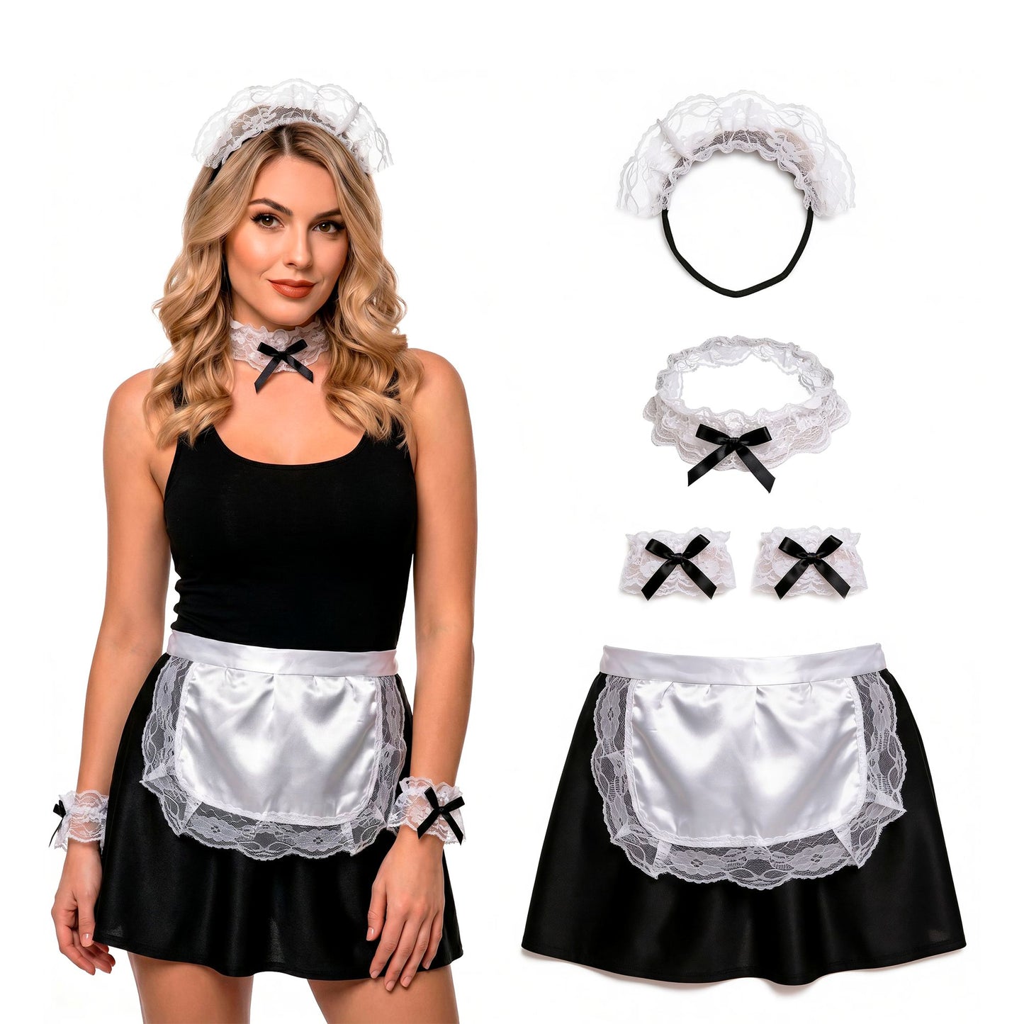 "KELLNERIN" Dress- Up- Set (Kopfbedeckung, Halsband, Manschetten, Rock, Schürze) – Vorderansicht