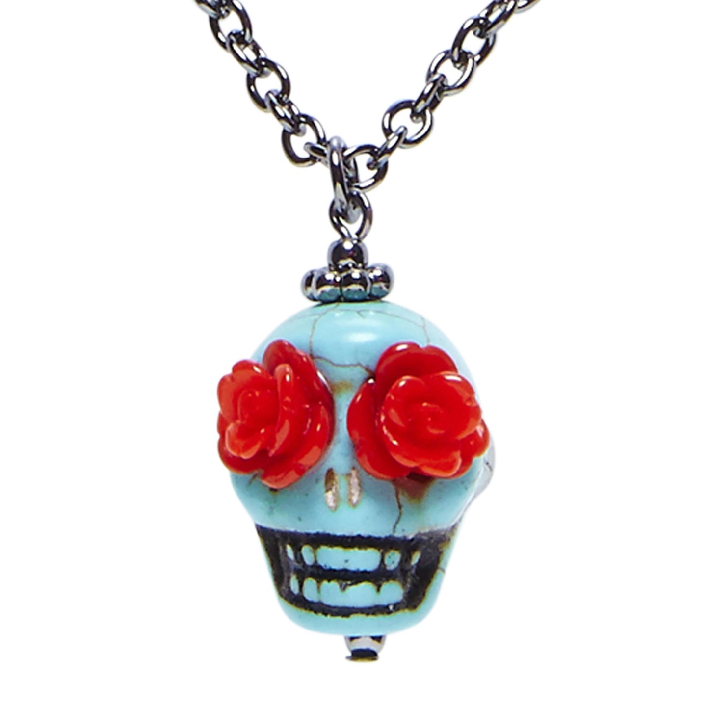 "KETTE MIT HELLBLAUEN TOTENKOPF UND ROTEN ROSEN ALS AUGEN" – Vorderansicht