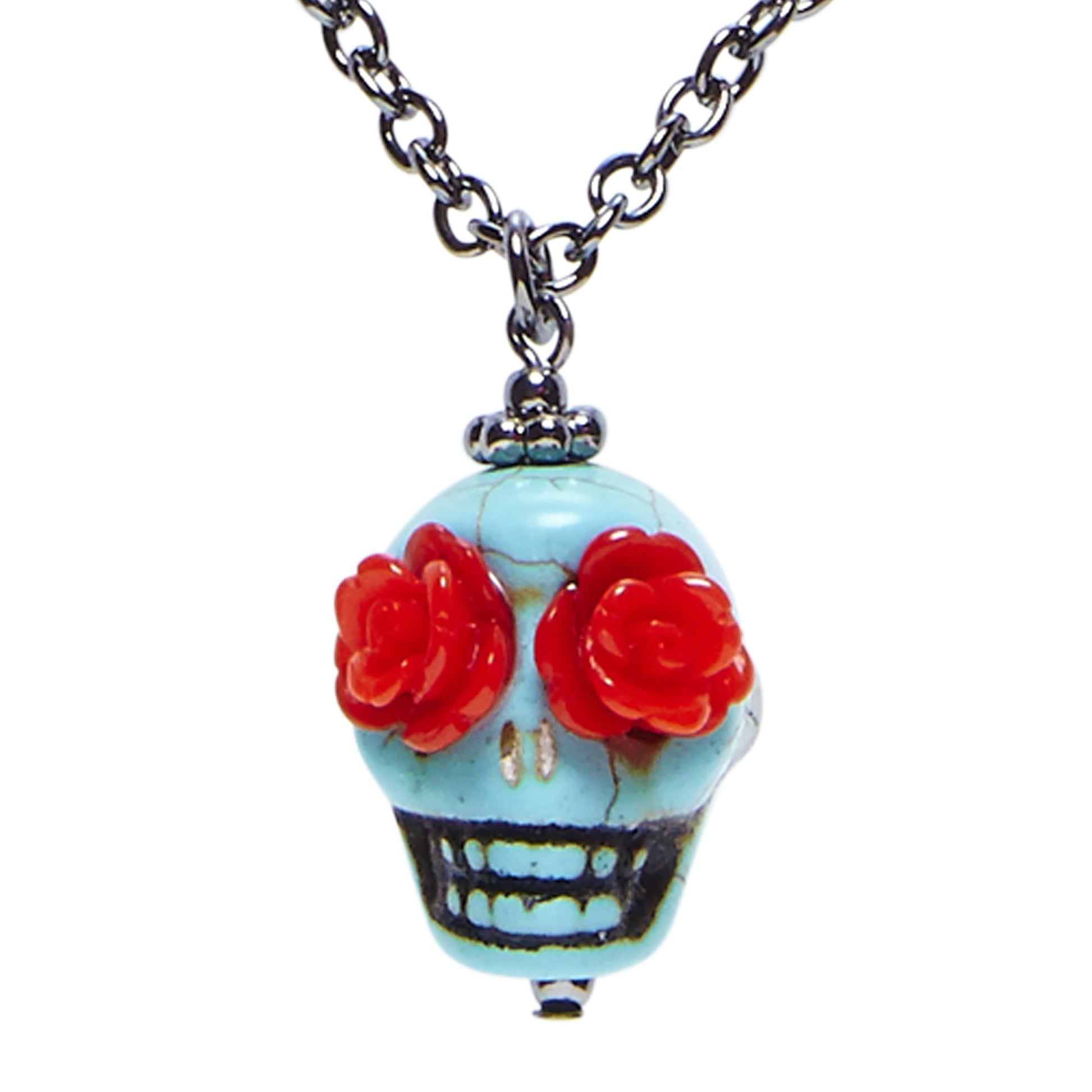 "KETTE MIT HELLBLAUEN TOTENKOPF UND ROTEN ROSEN ALS AUGEN" – Vorderansicht