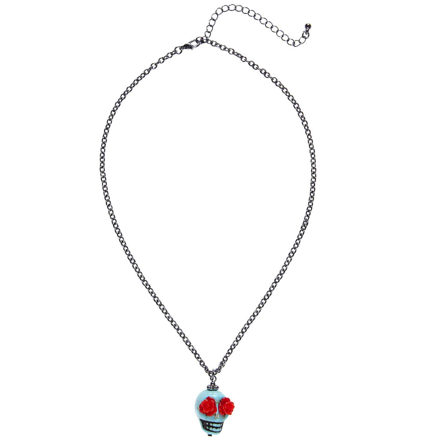 "KETTE MIT HELLBLAUEN TOTENKOPF UND ROTEN ROSEN ALS AUGEN" – Detailansicht