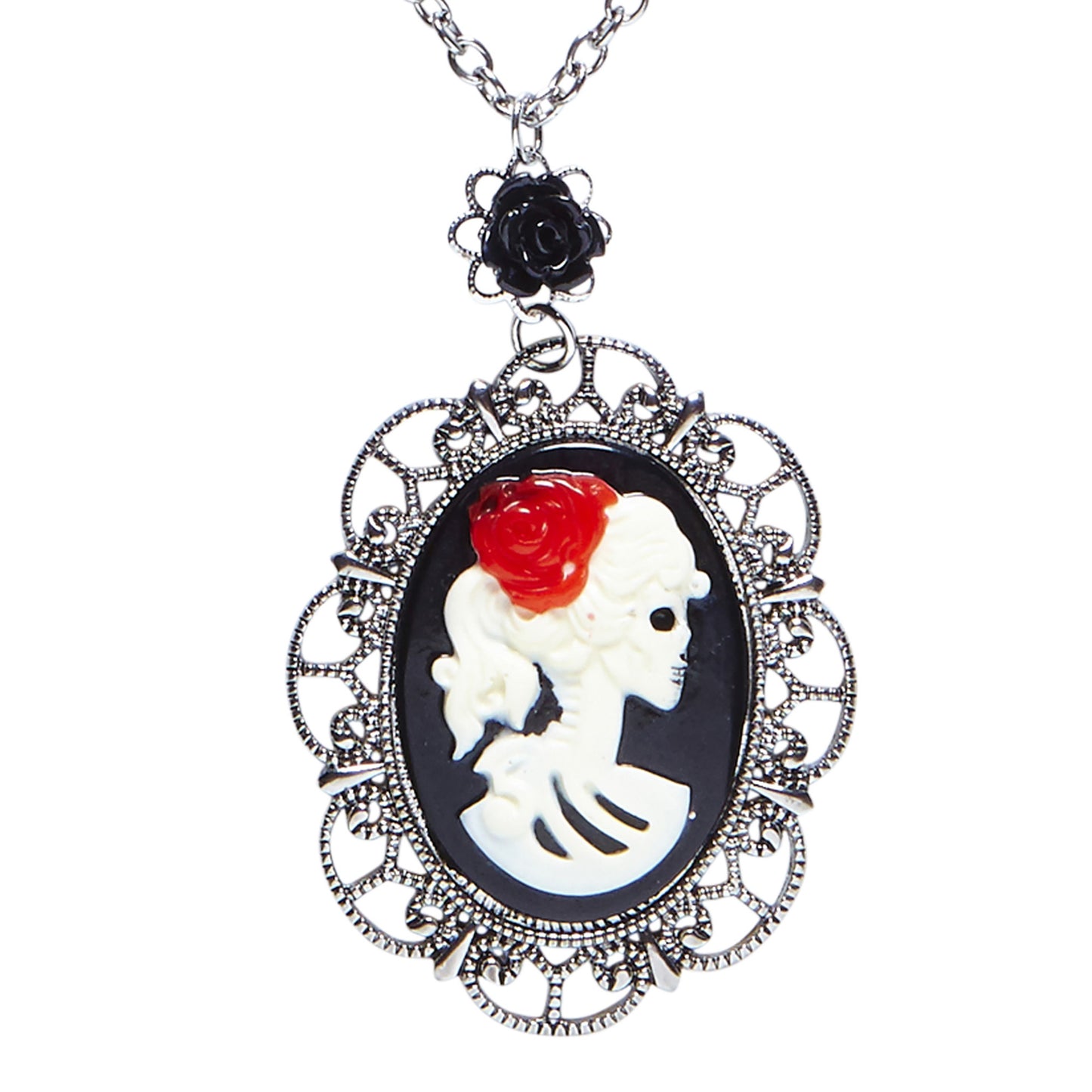 "KETTE MIT SCHWARZER ROSE & TOTENKOPF-KAMEE" – Vorderansicht
