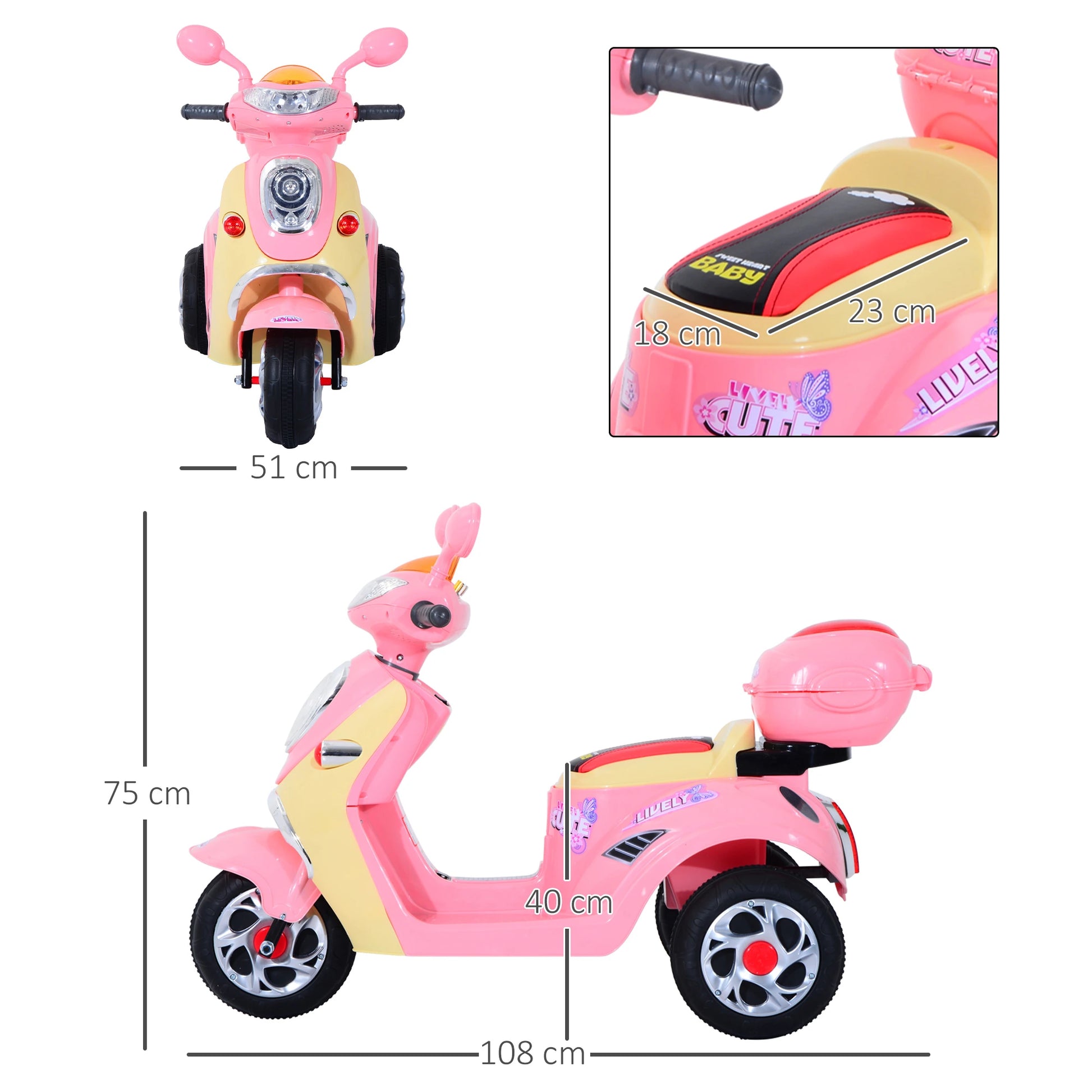 HOMCOM Kinder Elektromotorrad Dreirad – 6V Elektrofahrzeug Rosa-Gelb - Fasnacht24.ch
