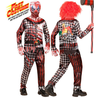 "KILLER CLOWN FAST COSTUME" (Oberteil, Hose, Handschuhe, Maske) – Vorderansicht