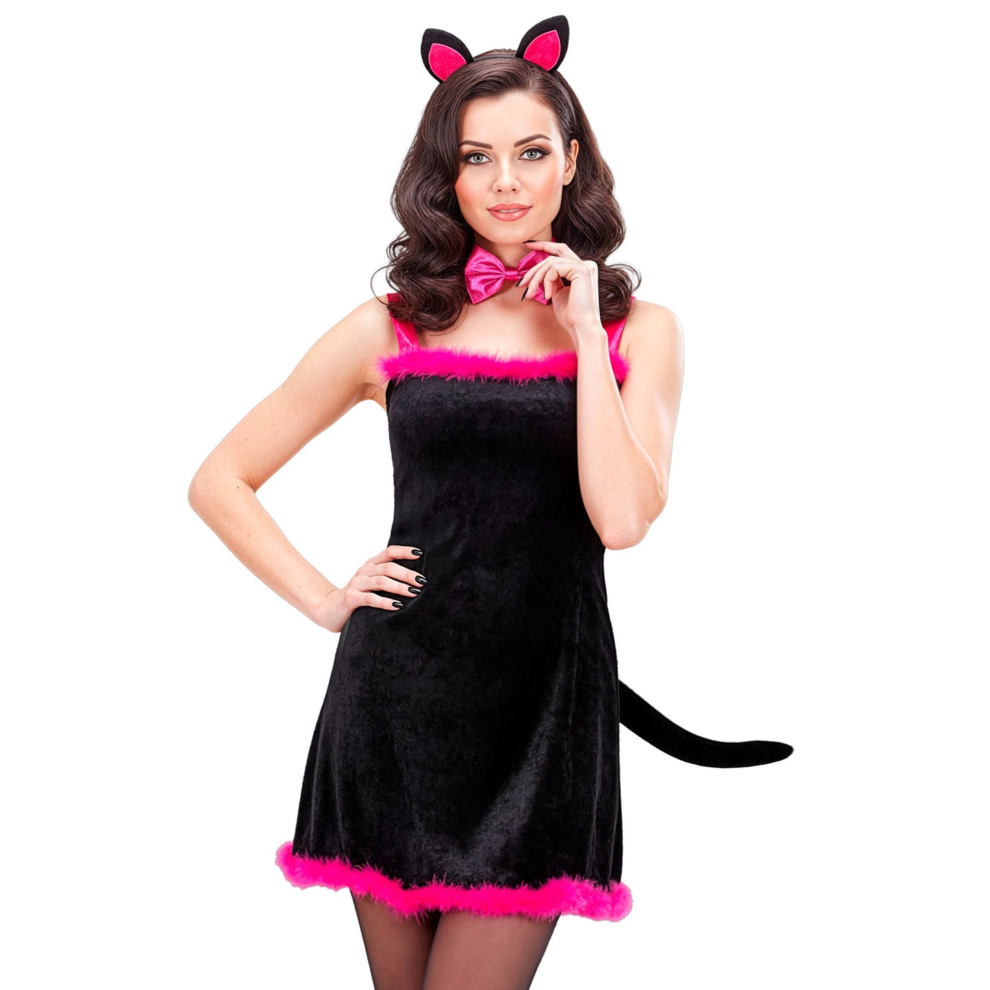 "KITTY KAT" aus Samt (Kleid mit Schwanz, Fliege, Ohren) – Vorderansicht