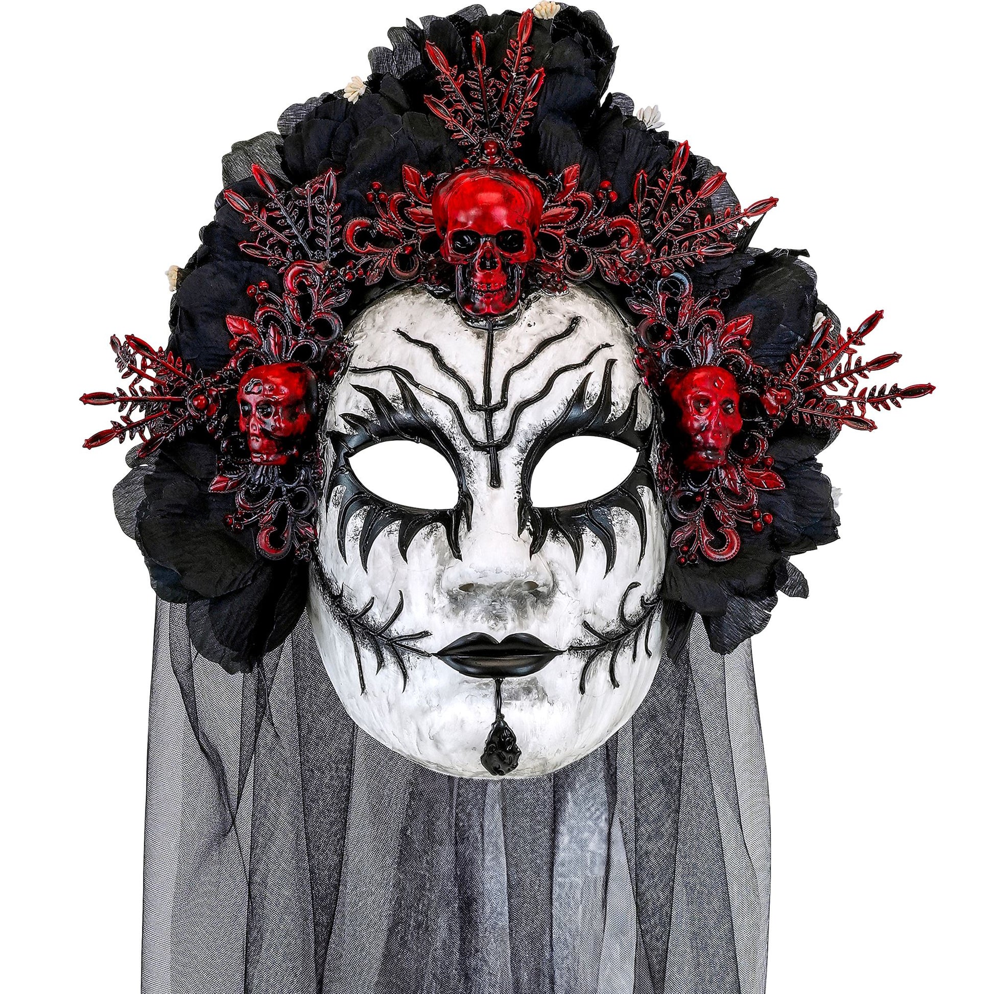 "KÖNIGIN DER TOTEN MASKE MIT SCHWARZEN ROSEN & SCHLEIER" – Vorderansicht