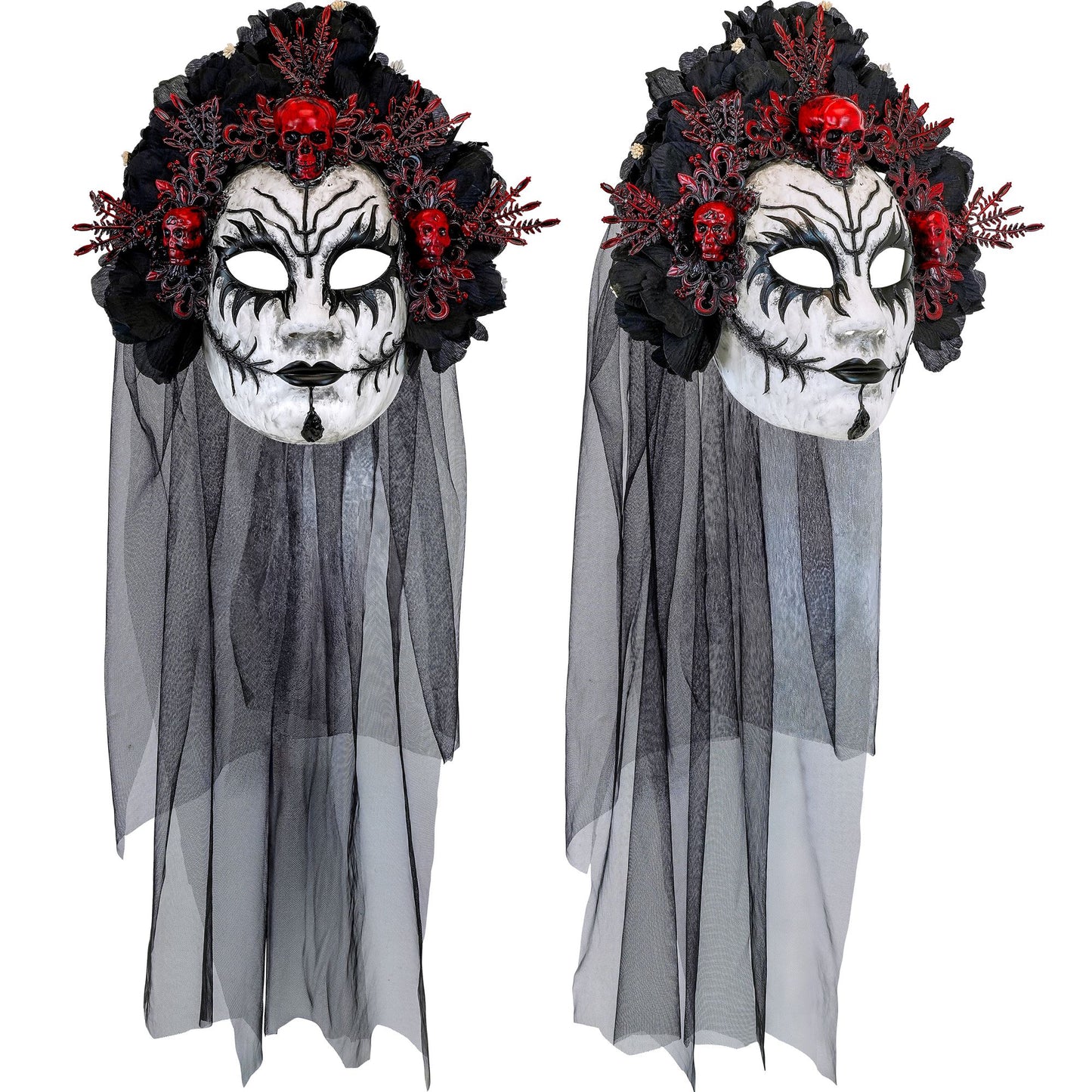 "KÖNIGIN DER TOTEN MASKE MIT SCHWARZEN ROSEN & SCHLEIER" – Detailansicht